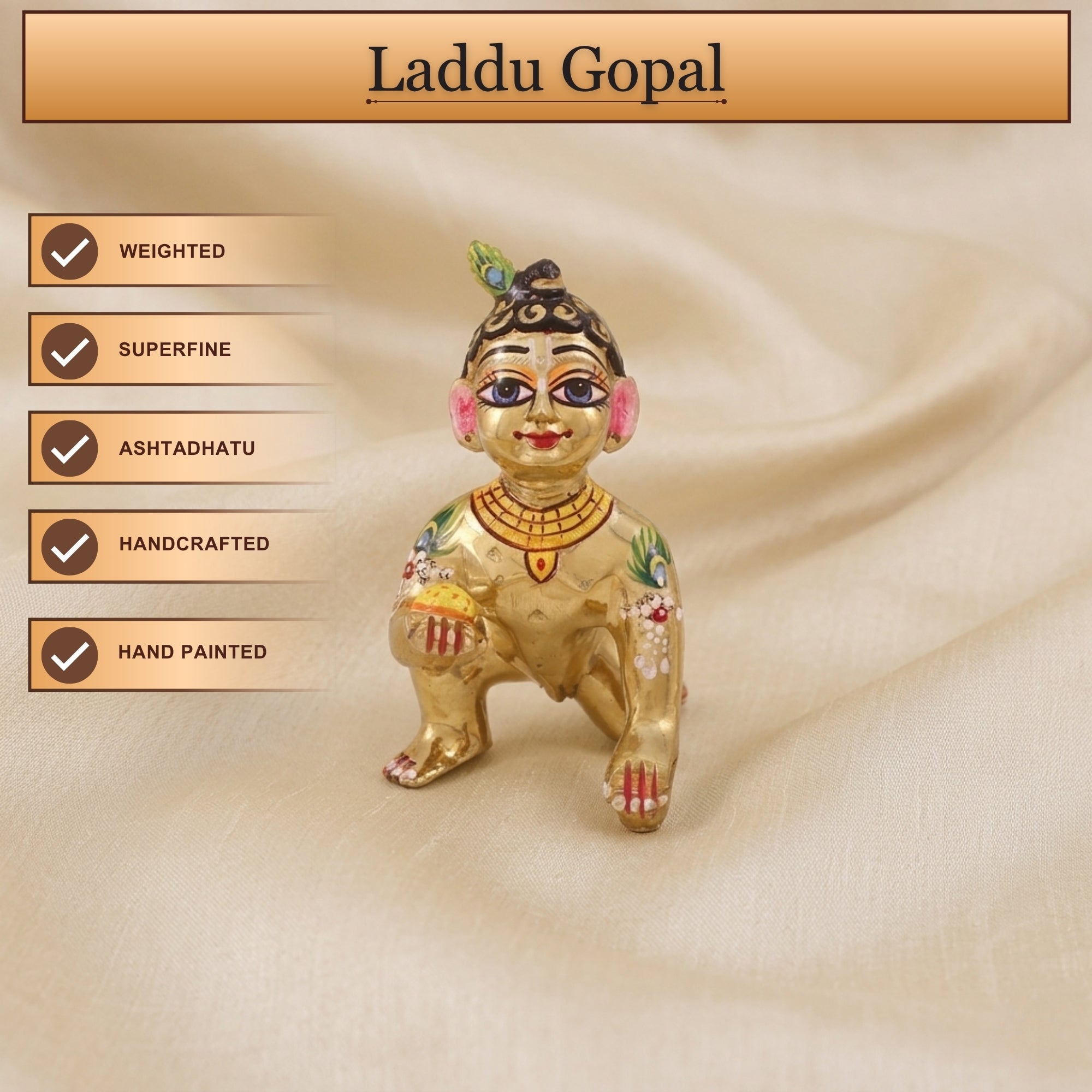 Front angle view of solid weighted Ashtadhatu Laddu Gopal murti with hand-painted Shringar