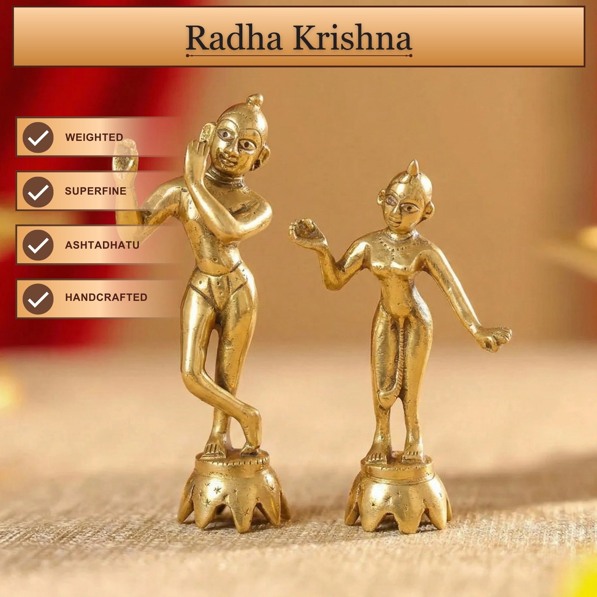 Front angle view of golden finish Ashtadhatu Radha Krishna Yugal Jodi murti