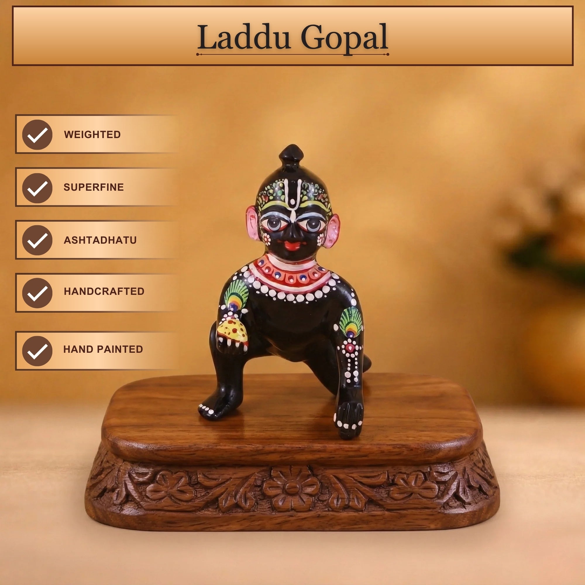 Front angle view of a black pital Bal Krishna murti with decorative Shringar
