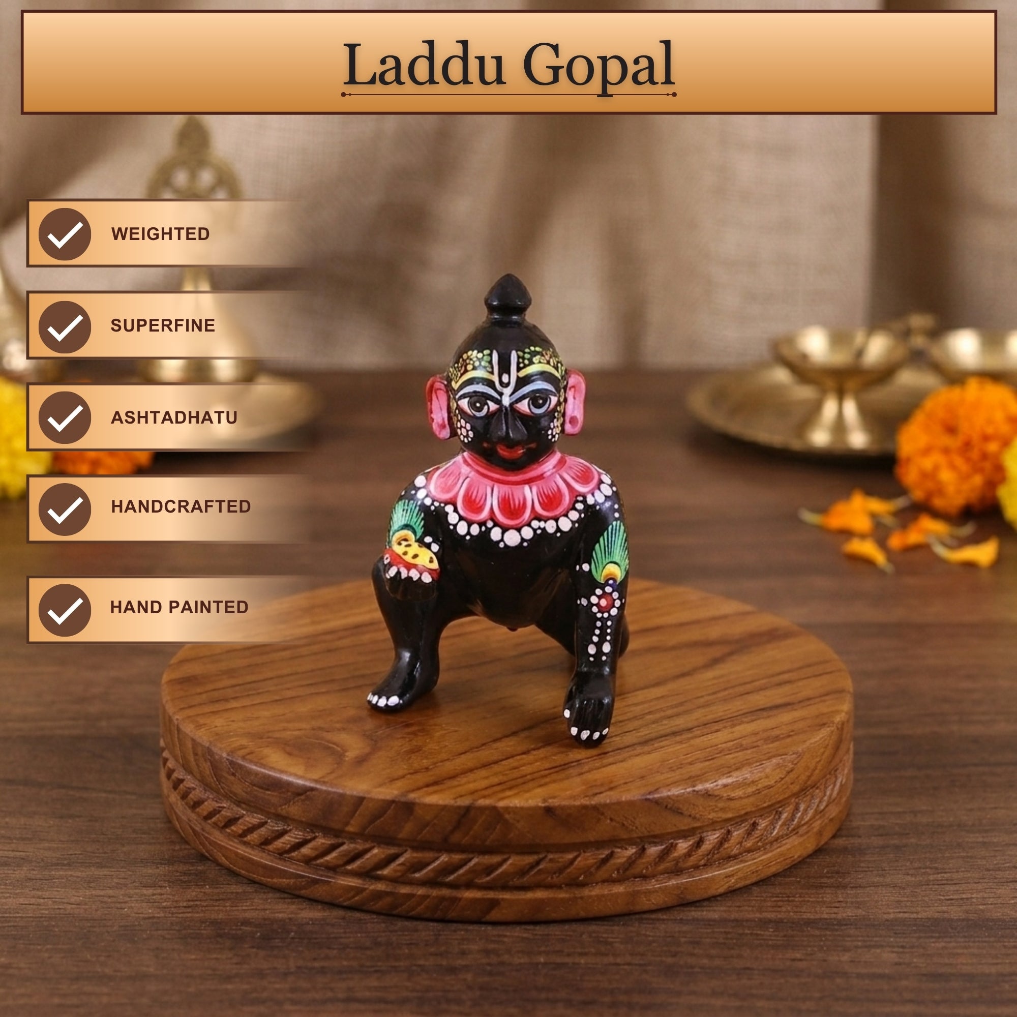 Front angle view of a black pital Laddu Gopal murti with beautiful big eyes design