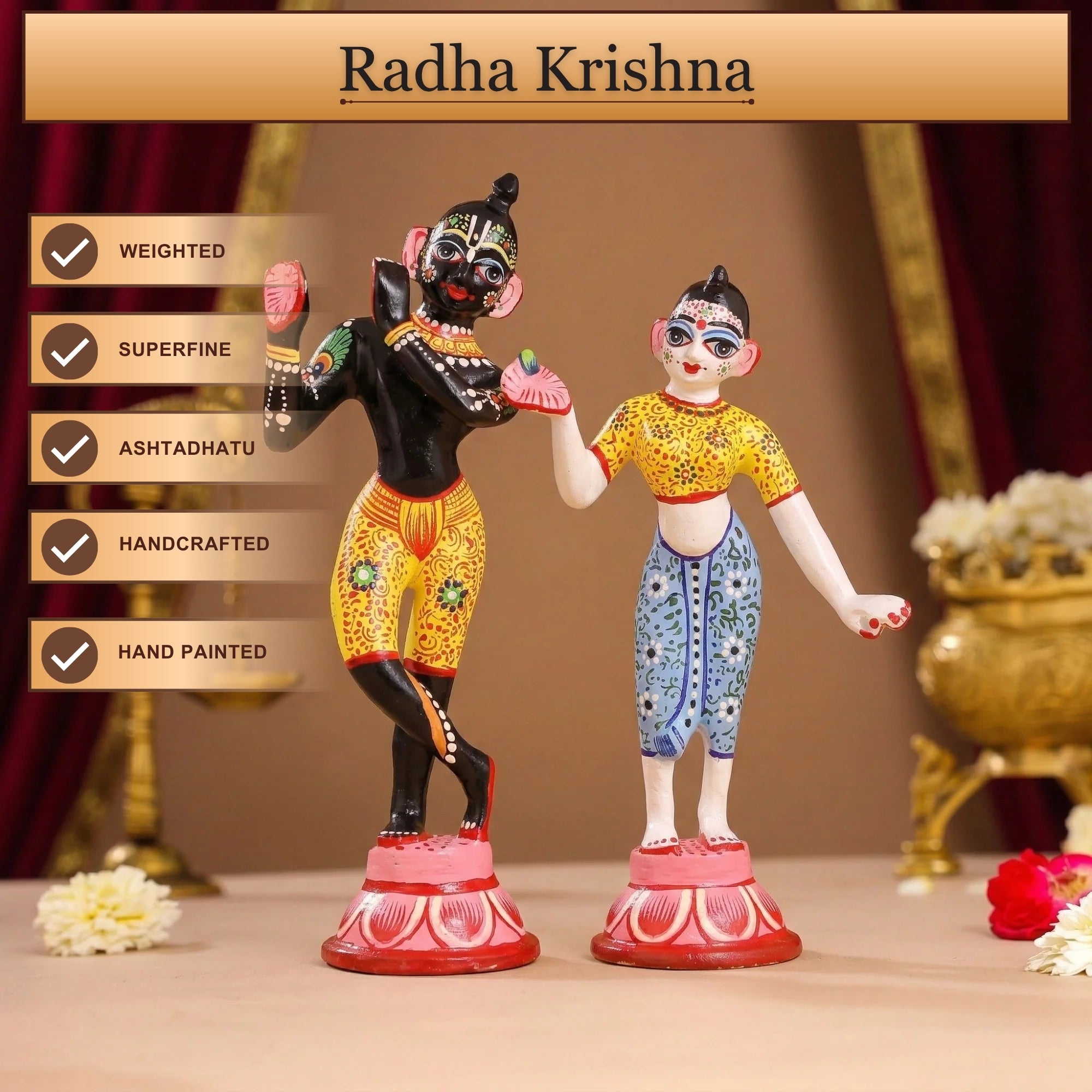 handcrafted brass Radha Krishna murti with beautiful Shringar