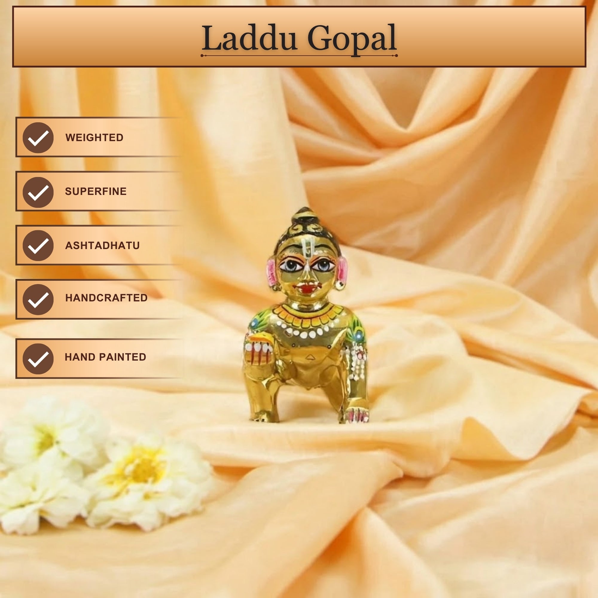 Front angle view of a heavy-weighted Kanha Ji Ashtadhatu murti with attractive Shringar