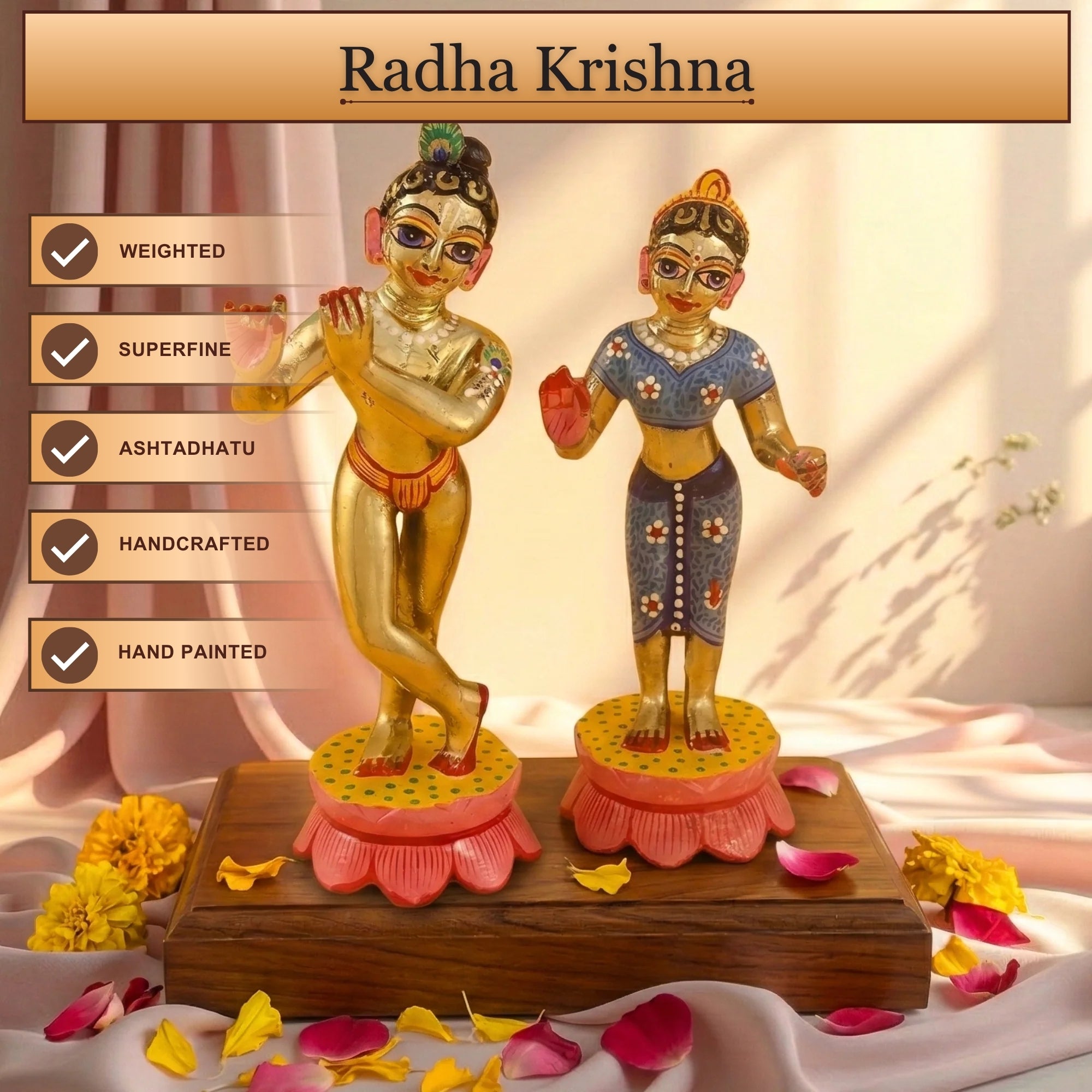 Front angle view of heavy weight Ashtadhatu Radha Krishna murti with traditional Shringar
