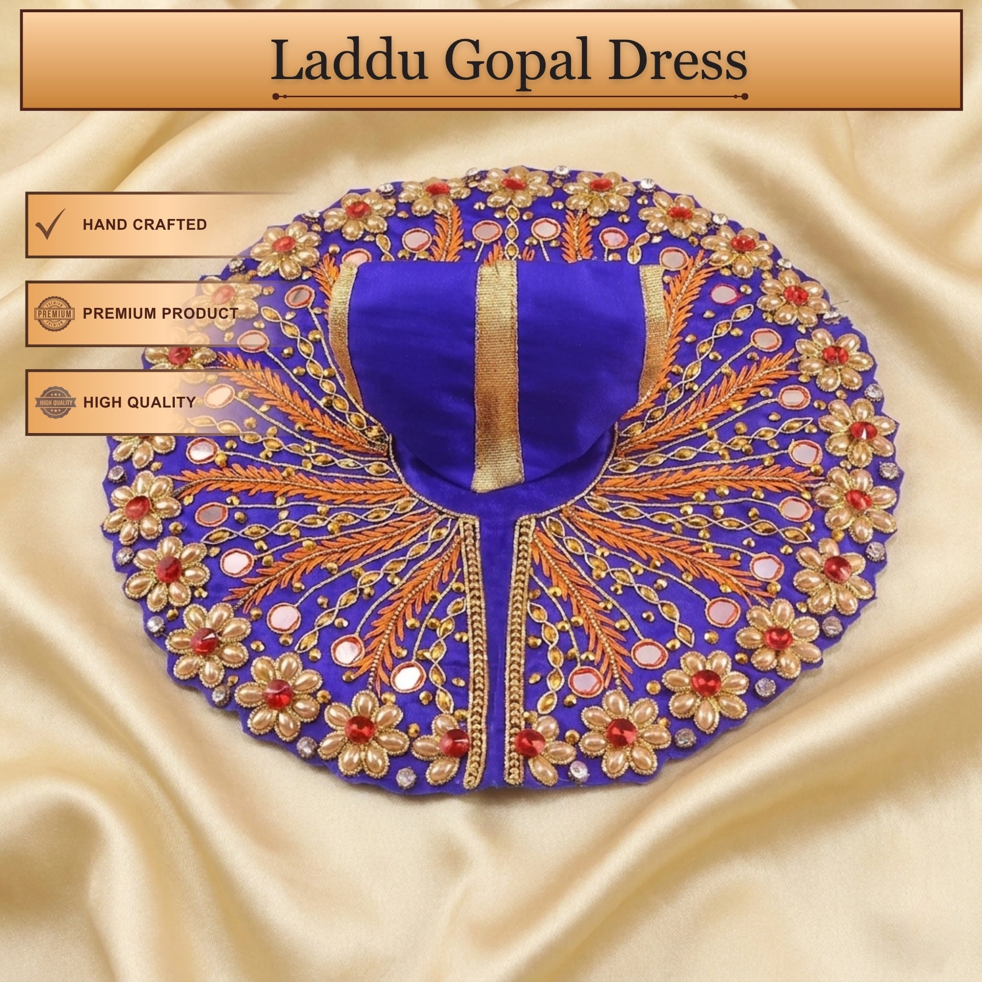 Handcrafted blue Laddu Gopal poshak with matching accessories and mirror embroidery