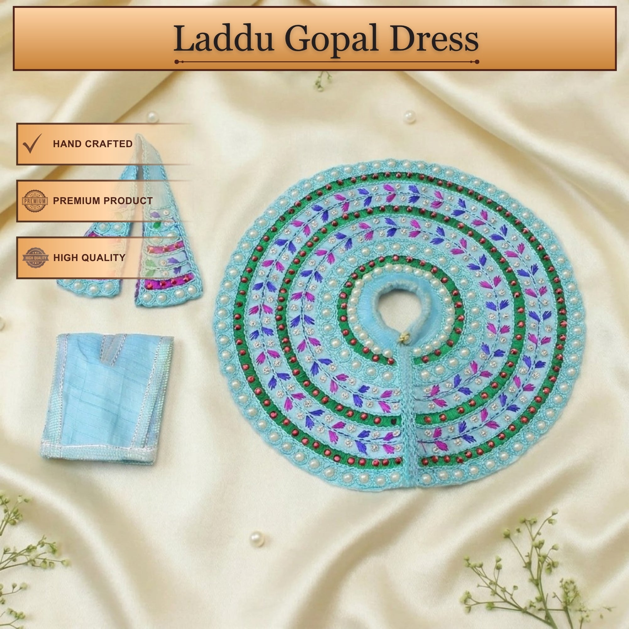 Handcrafted blue Laddu Gopal poshak with matching cap and intricate beadwork