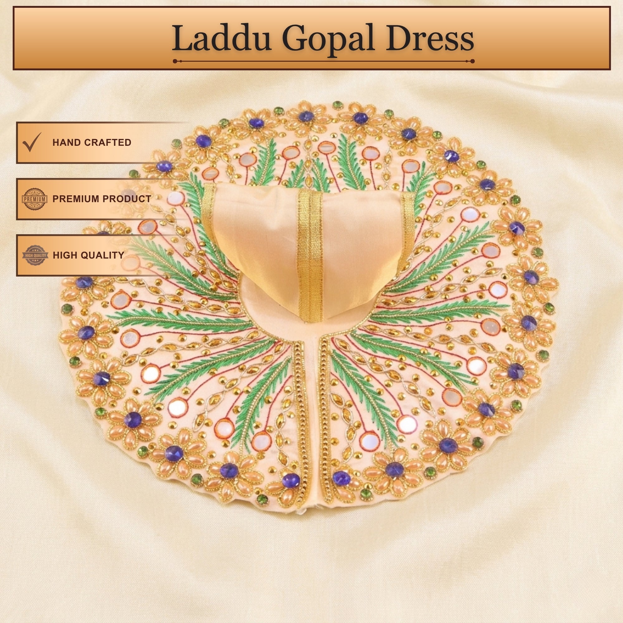 Handcrafted cream Laddu Gopal poshak with matching cap and peacock embroidery