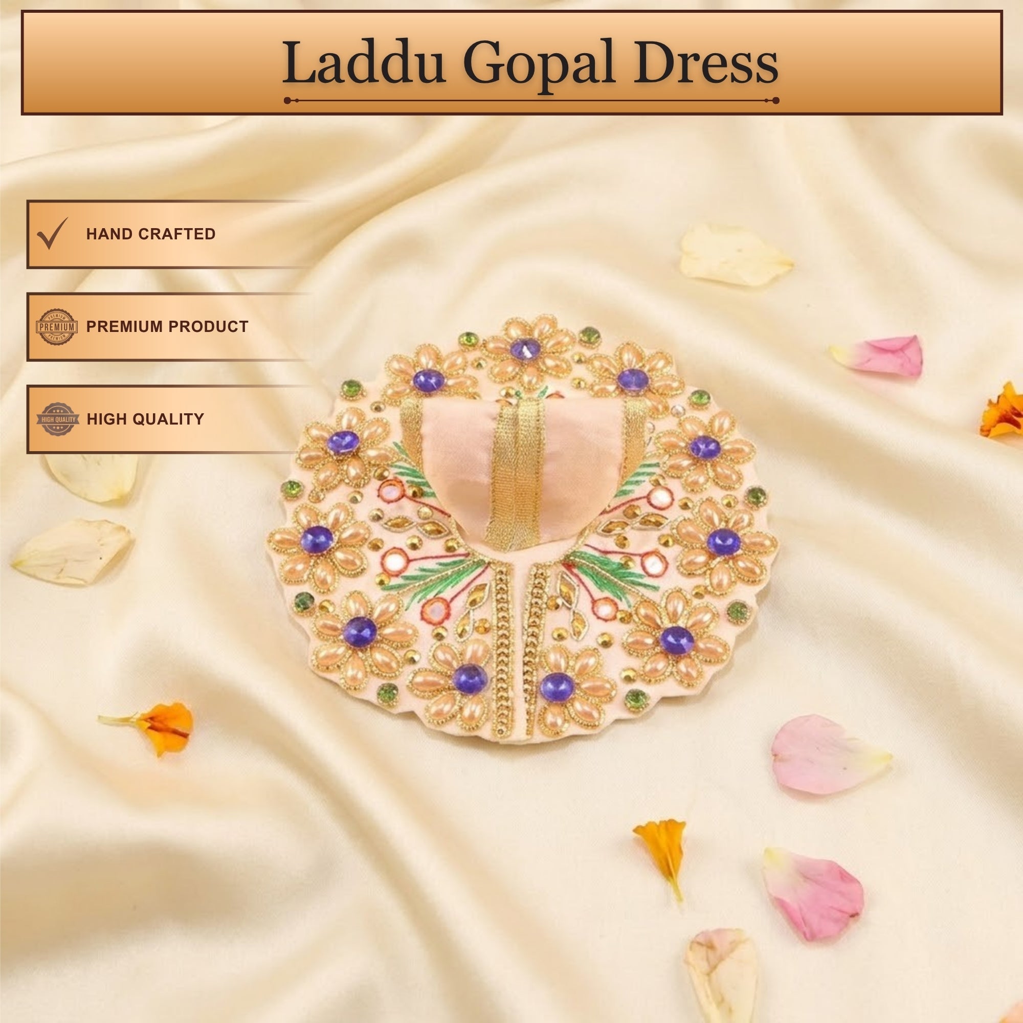 Handcrafted cream Laddu Gopal poshak with matching accessories and mirror embroidery