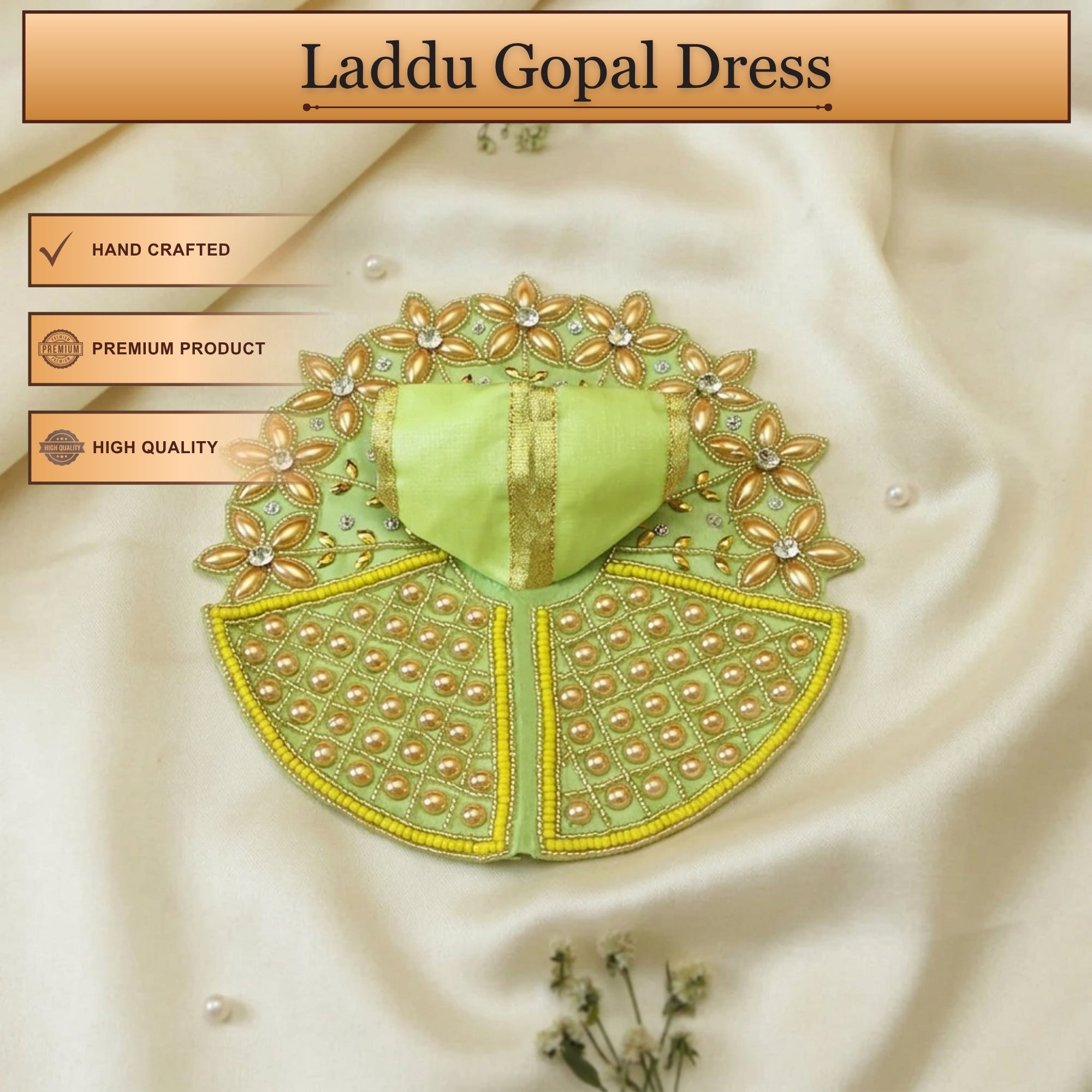 Front angle view of handcrafted green laddu gopal poshak with matching accessories