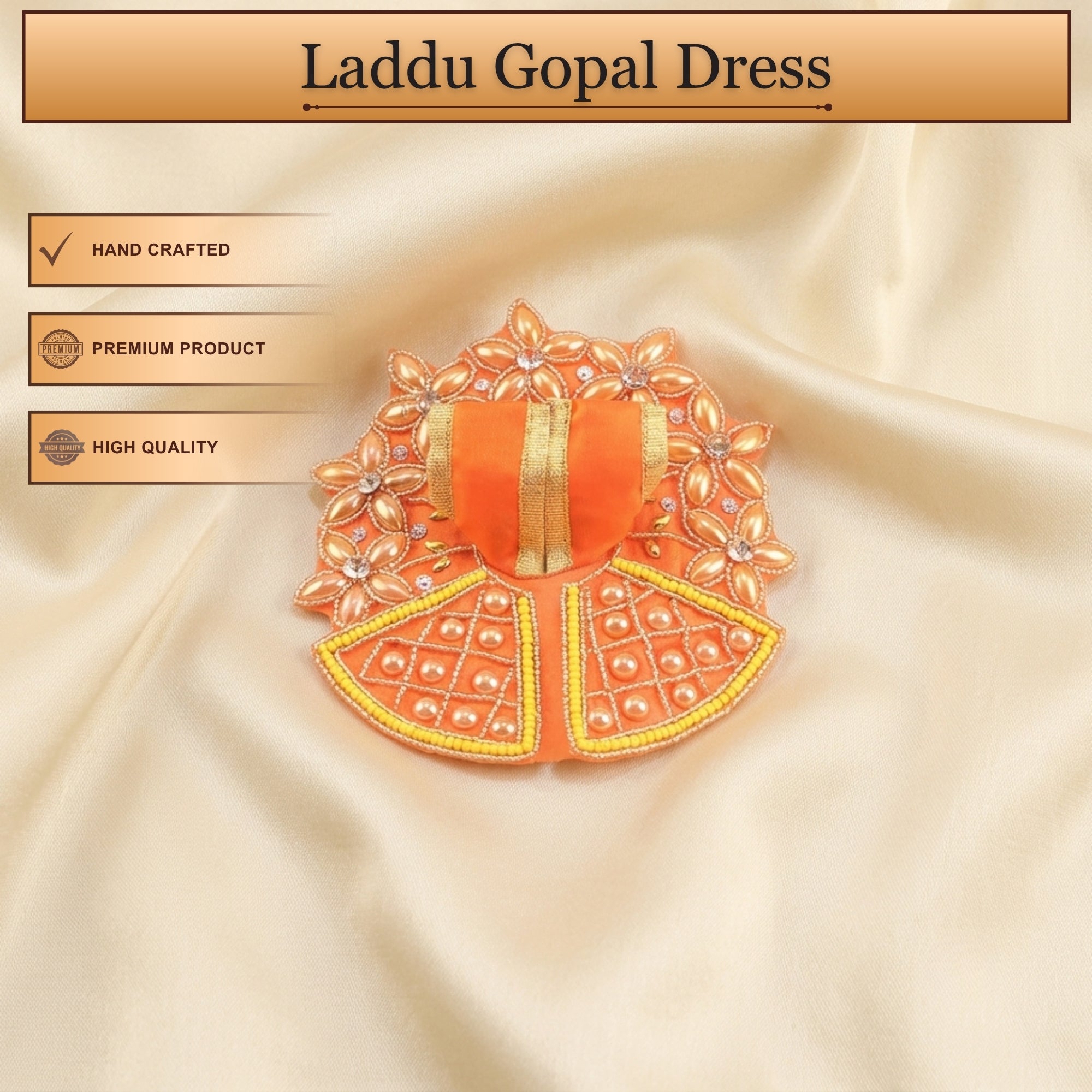 Handcrafted orange Laddu Gopal poshak with matching cap and golden embroidery