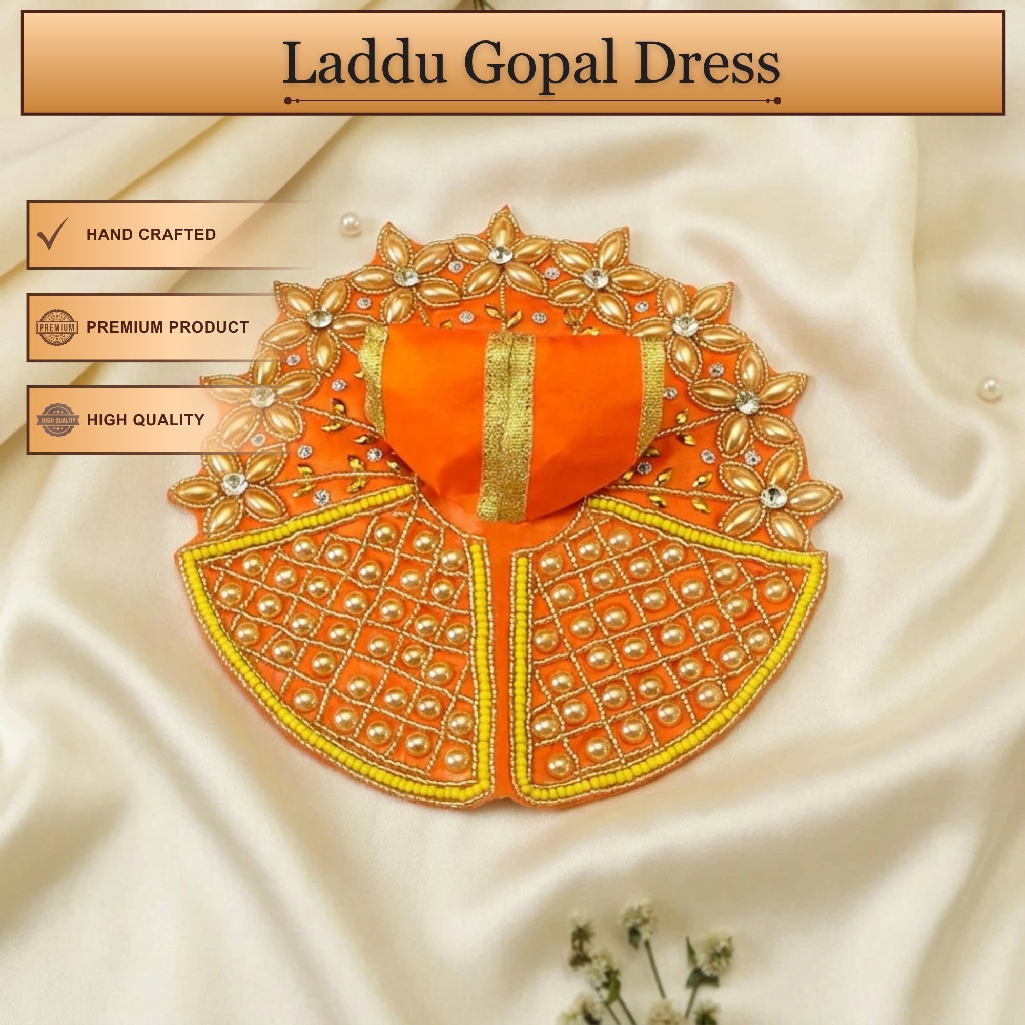Handcrafted orange Laddu Gopal poshak with matching cap and golden stone embroidery