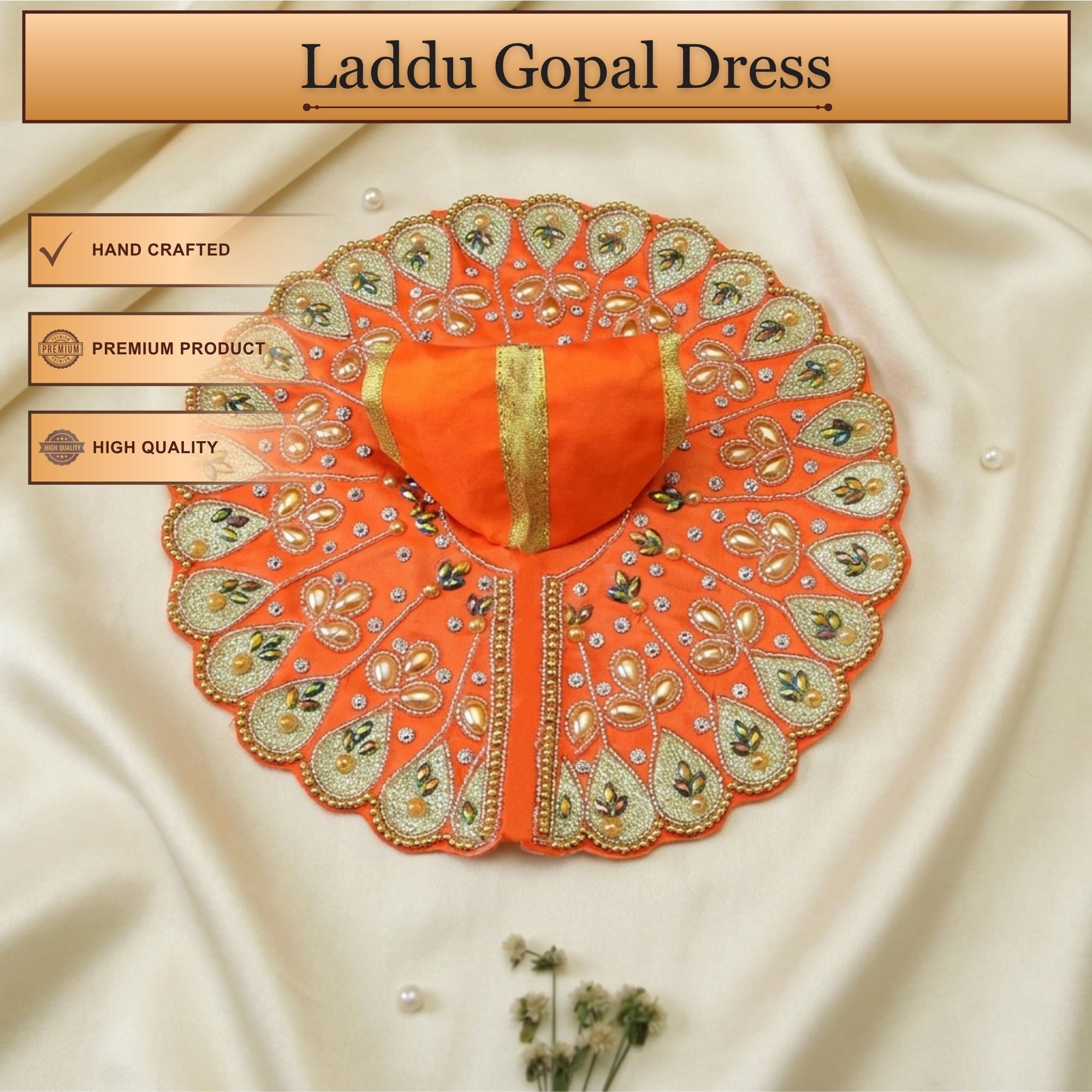 Handcrafted orange Laddu Gopal poshak with matching cap and peacock embroidery