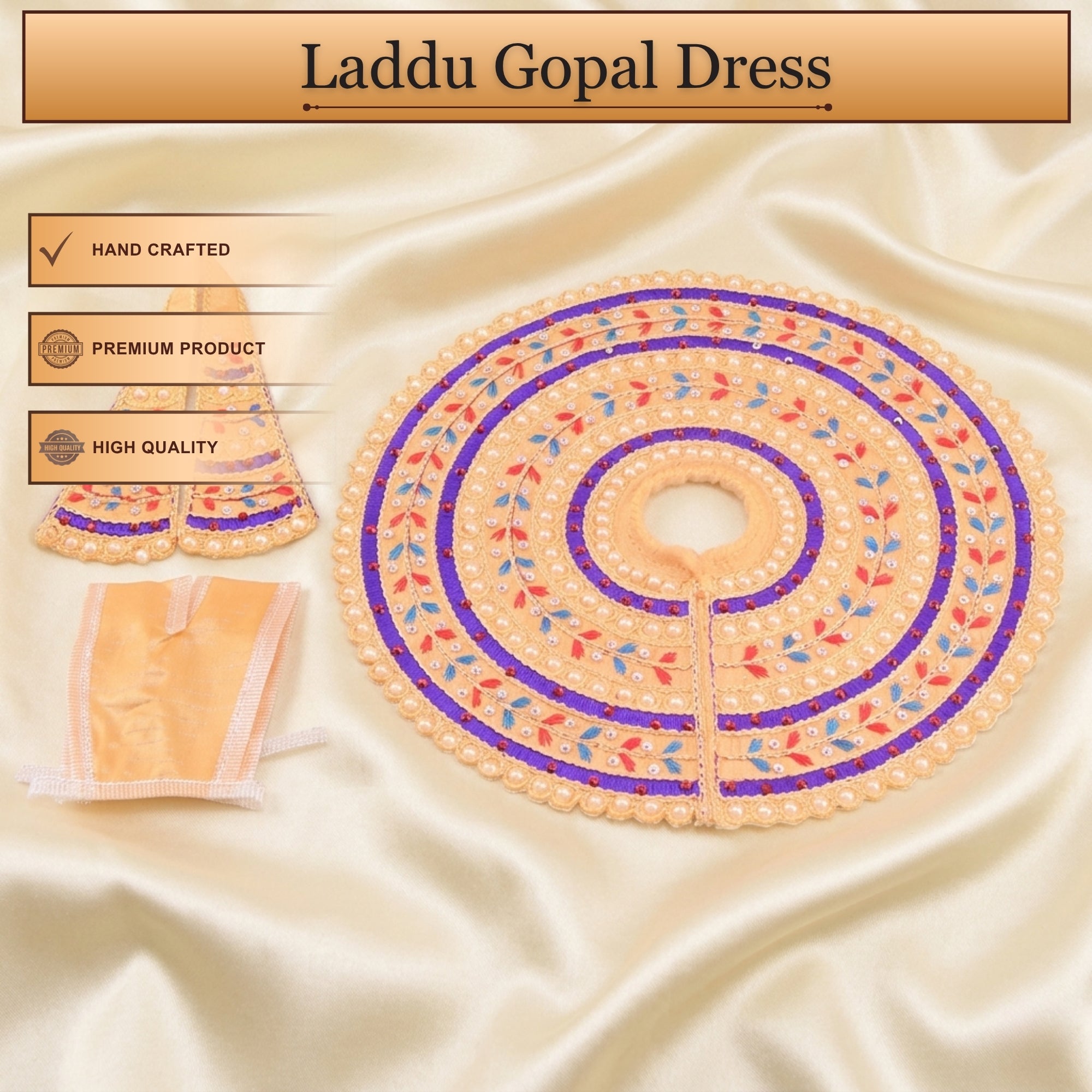 Handcrafted orange Laddu Gopal poshak with matching cap and Patka accessories