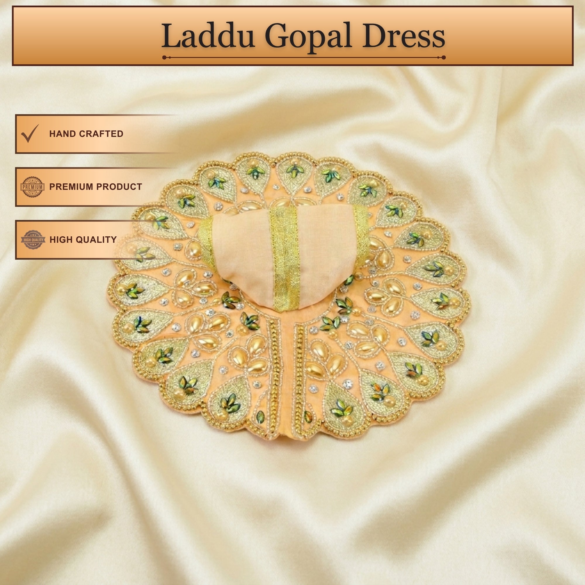 Handcrafted peach Laddu Gopal poshak with matching accessories and heavy embroidery