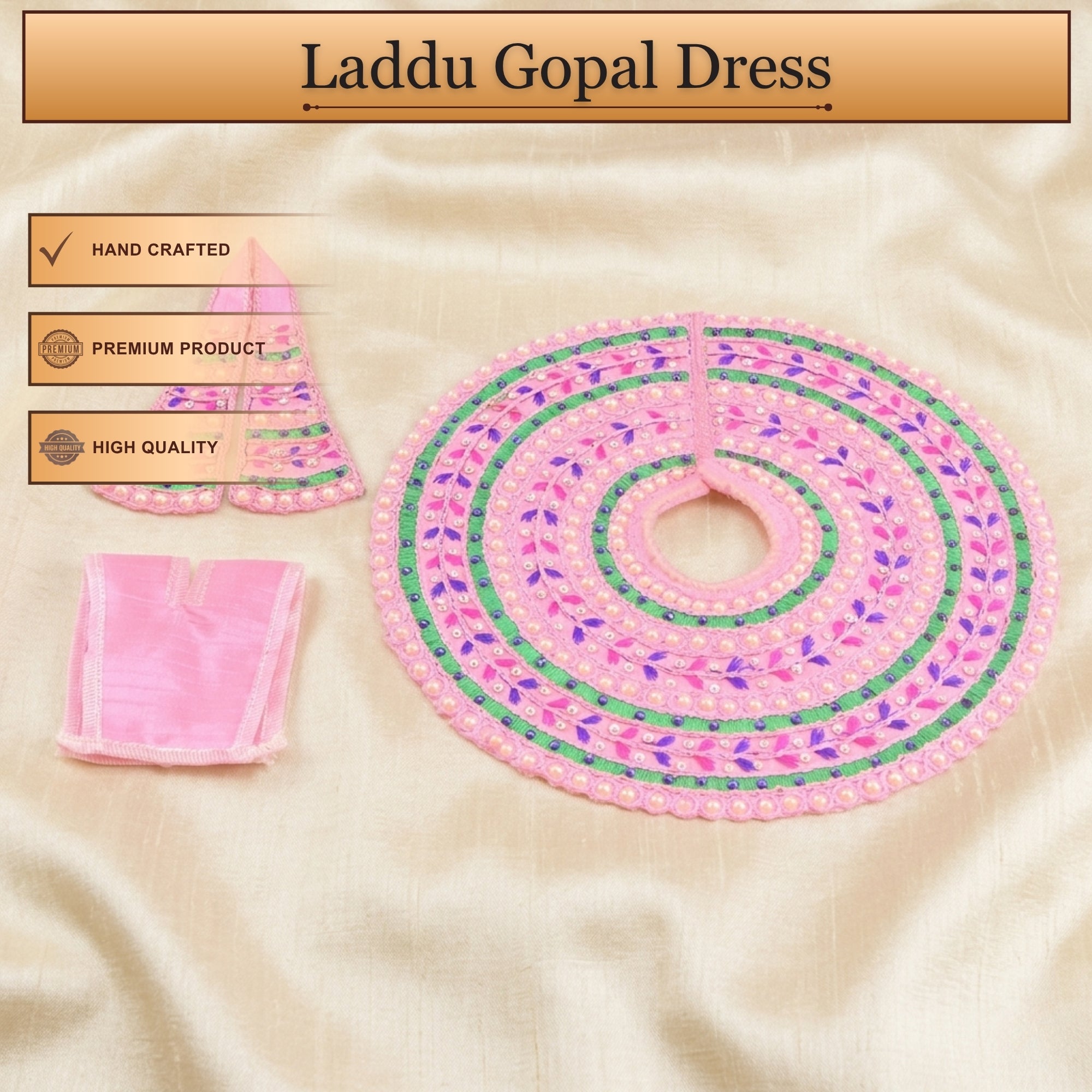 Handcrafted pink Laddu Gopal poshak with matching cap and Patka embroidery
