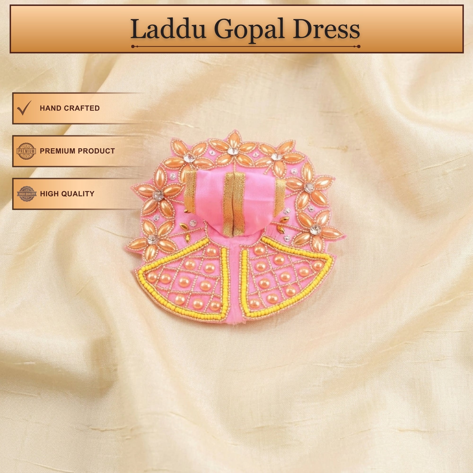 Handcrafted pink Laddu Gopal poshak with matching cap and golden floral embroidery
