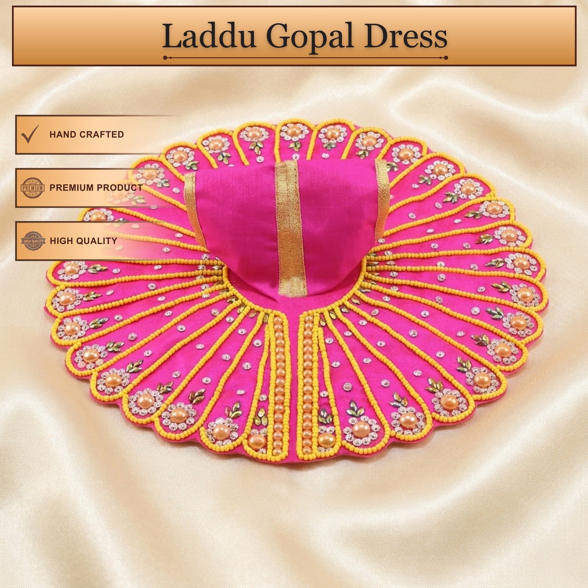 Handcrafted pink Laddu Gopal poshak with matching cap and beads work embroidery