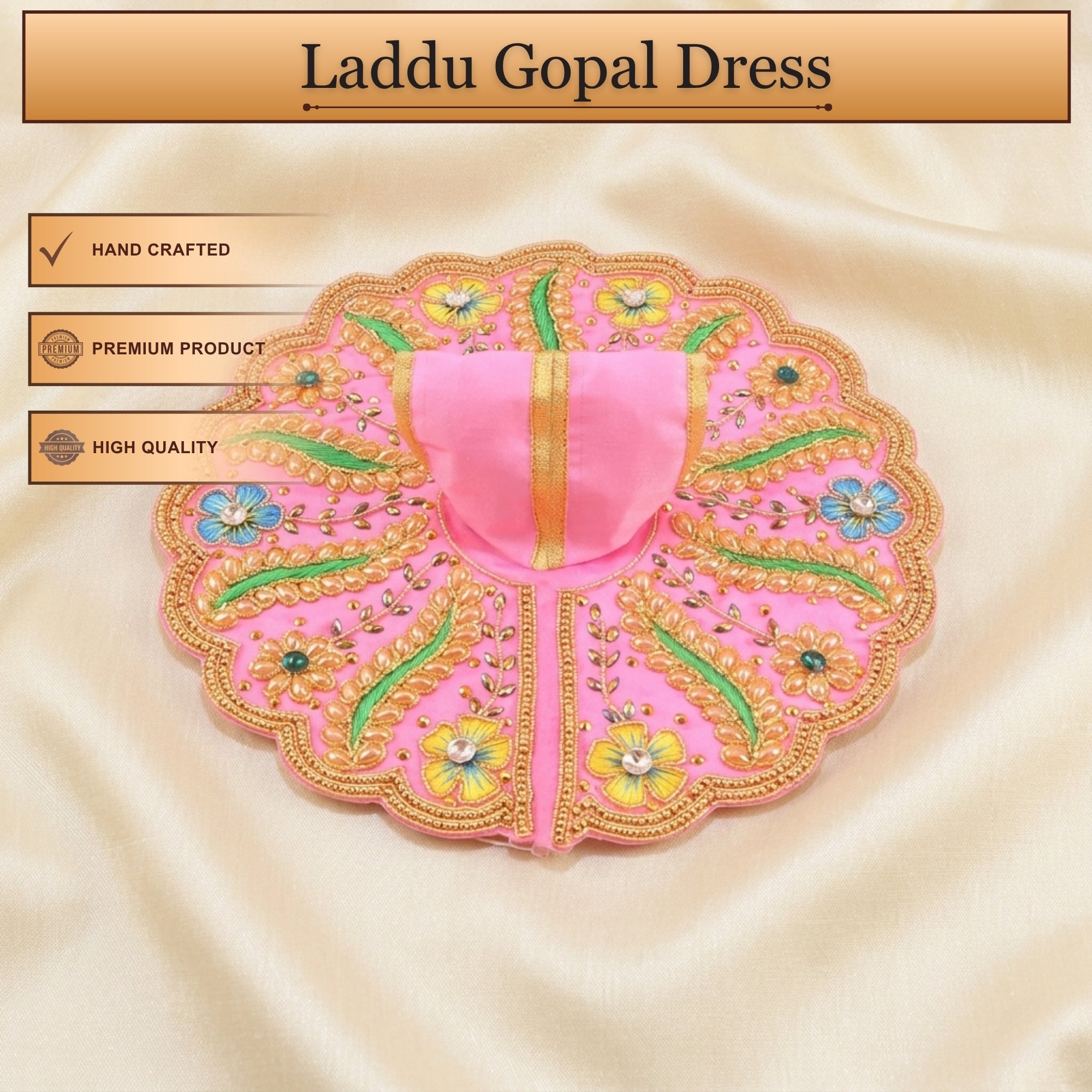 Handcrafted pink Laddu Gopal poshak with matching accessories and intricate floral embroidery