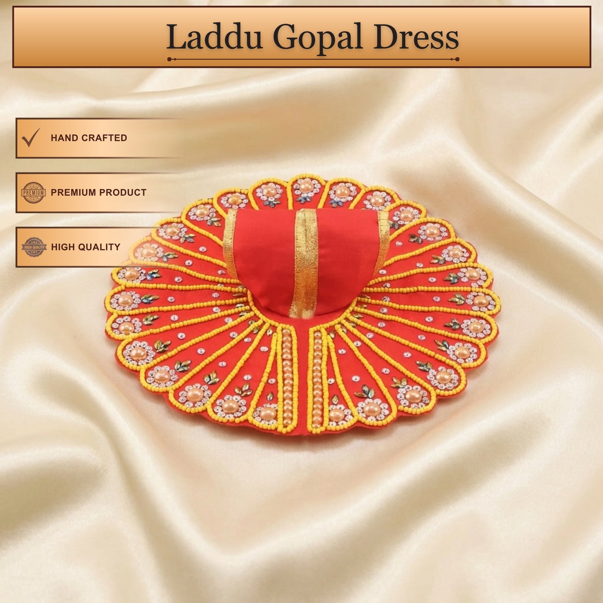Handcrafted red Laddu Gopal poshak with matching cap and golden stone embroidery