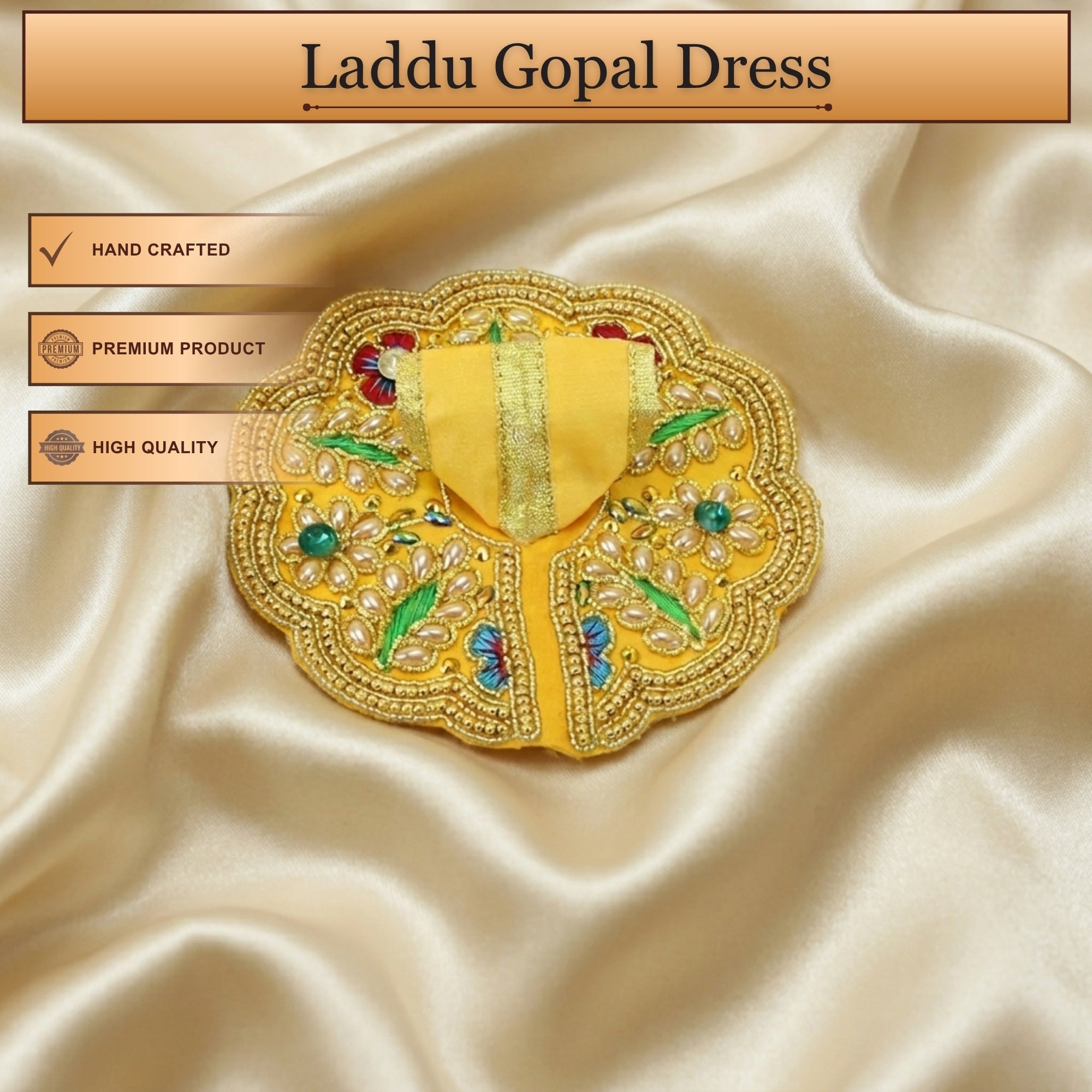 Handcrafted yellow Laddu Gopal poshak with matching cap and peacock embroidery