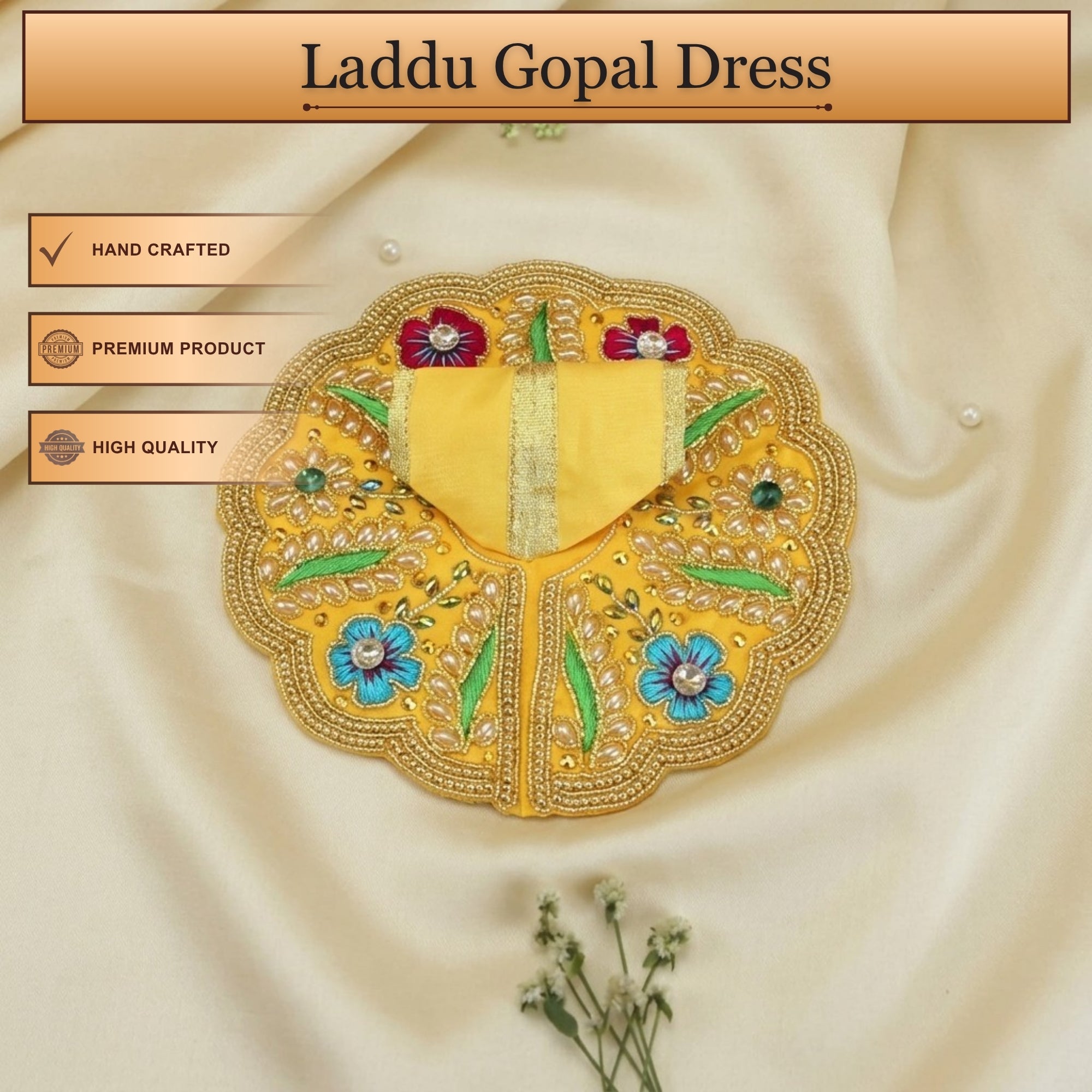 Handcrafted yellow Laddu Gopal poshak with matching accessories and intricate embroidery