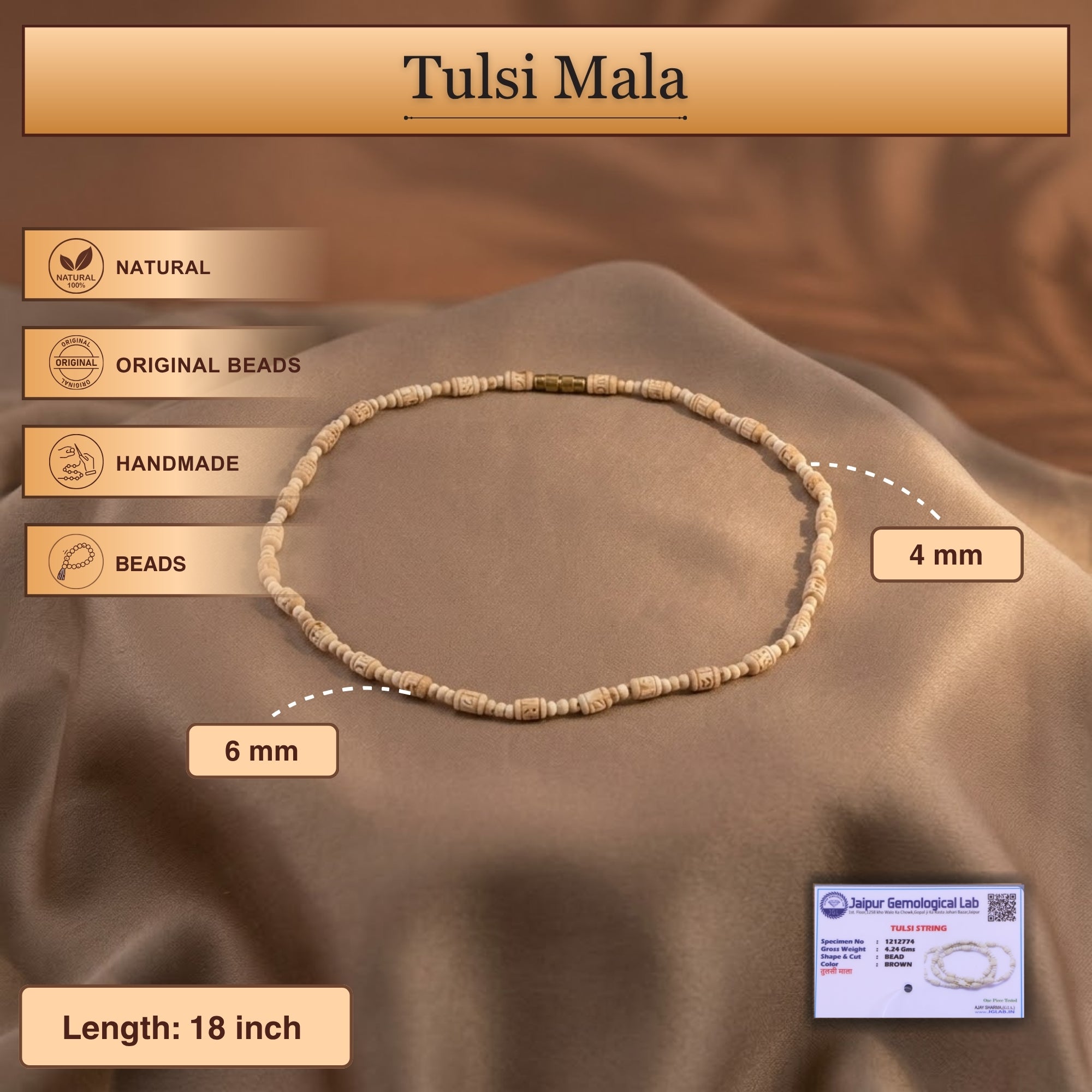 Size and material details of the carved authentic Tulsi kanthi mala from Mathura