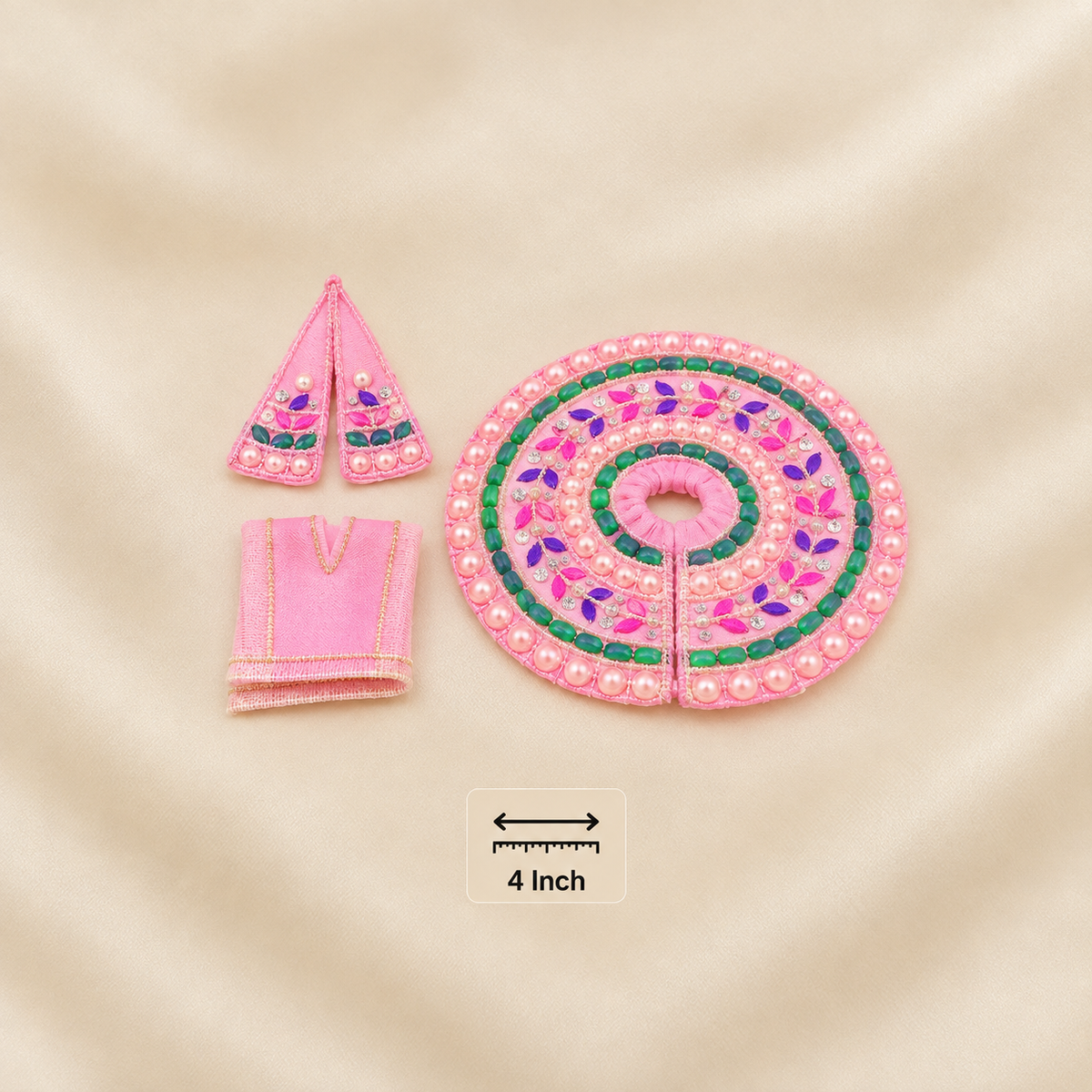 Handcrafted pink Laddu Gopal dress set with embroidered poshak and matching accessories