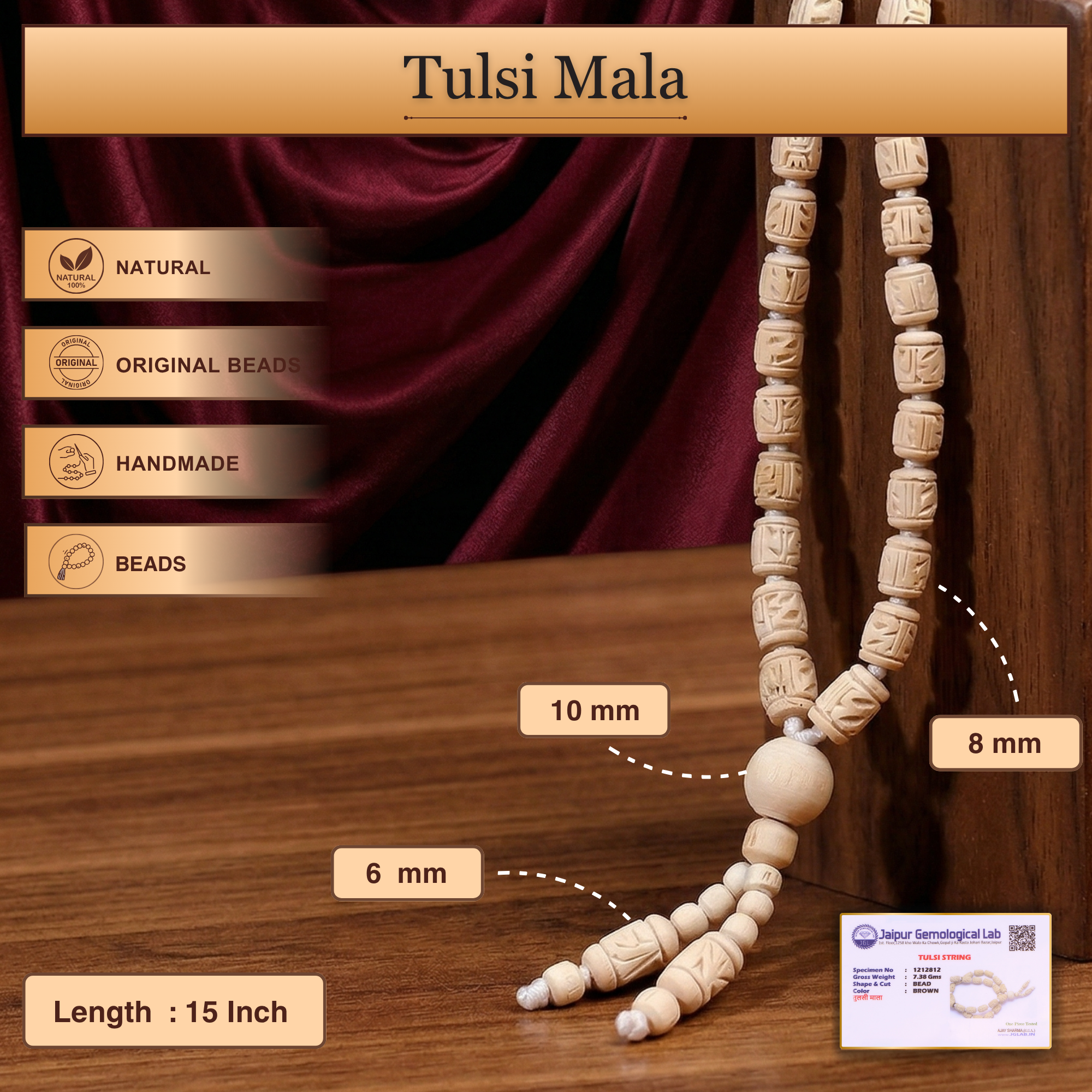 Size, length, and material details of the carved 27 bead Tulsi quarter mala