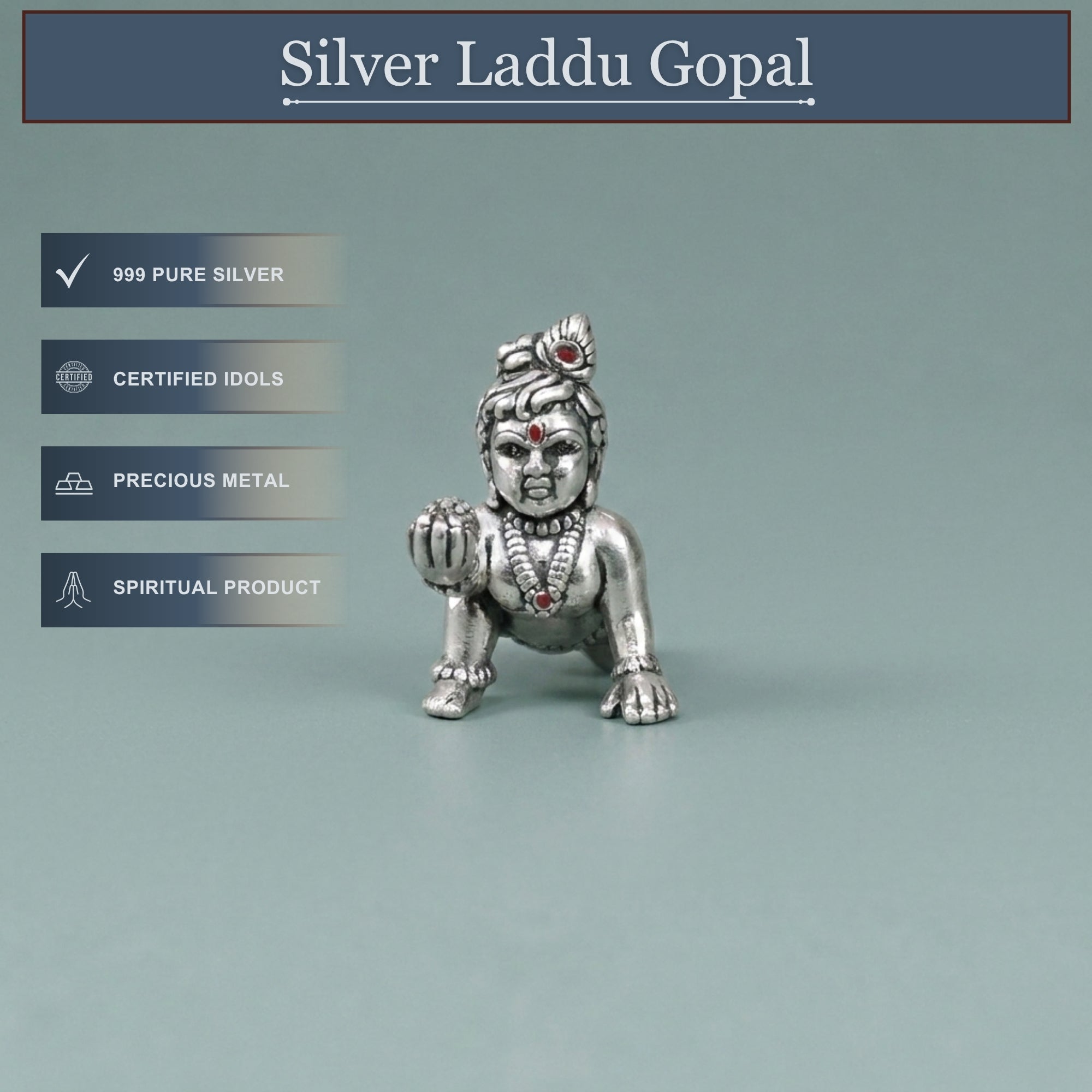 Front angle view of handcrafted pure silver small Laddu Gopal murti