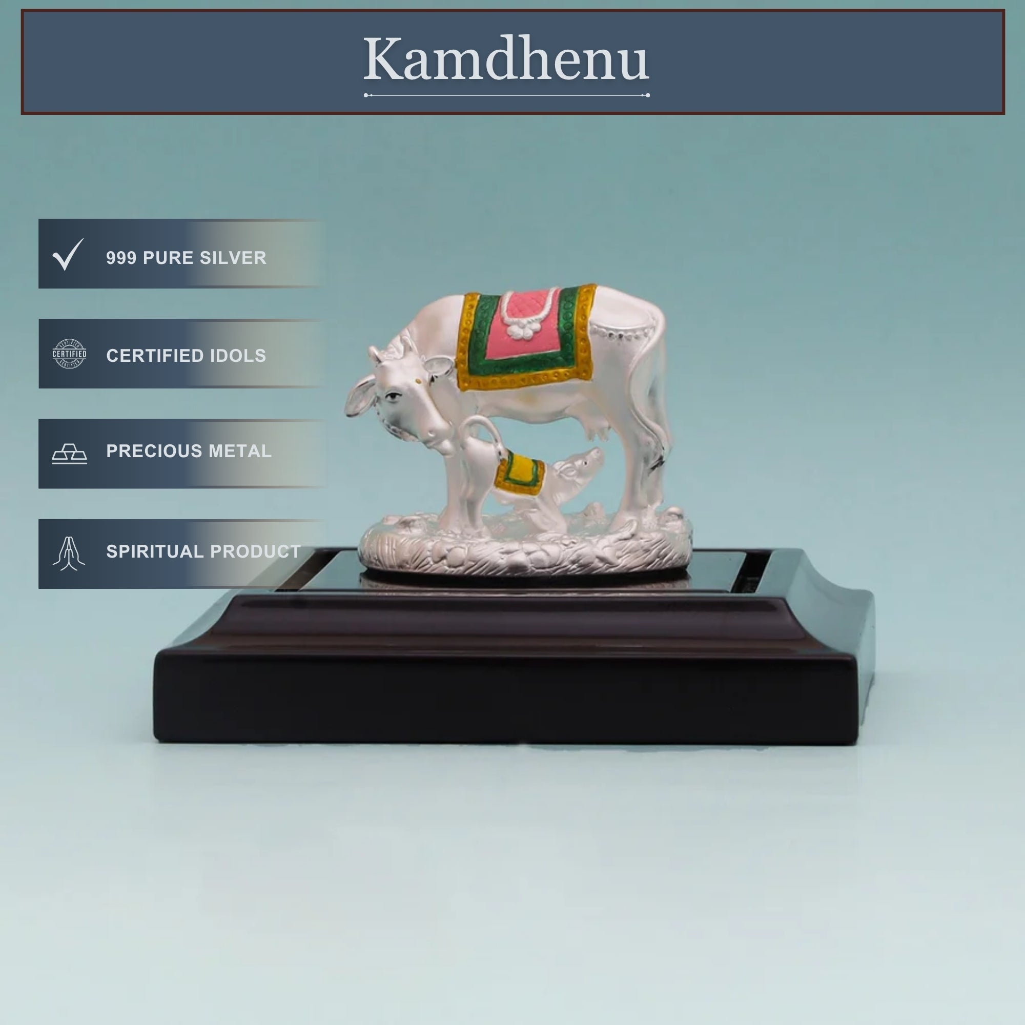 Front angle view of handcrafted pure silver Kamdhenu Cow and calf murti