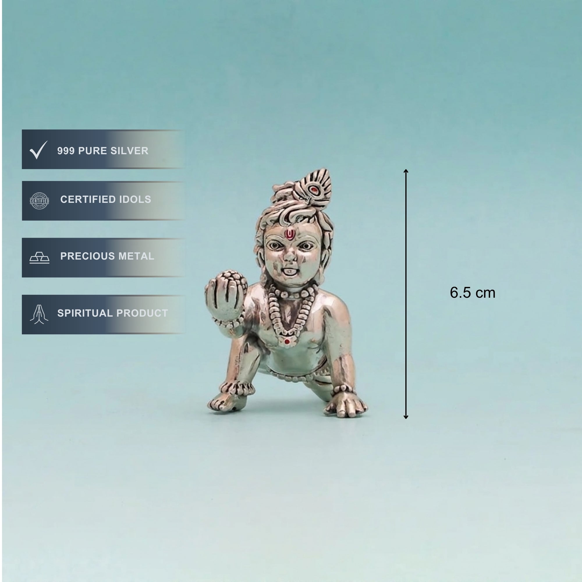 Front angle view of handcrafted silver Laddu Gopal murti with intricate engraving