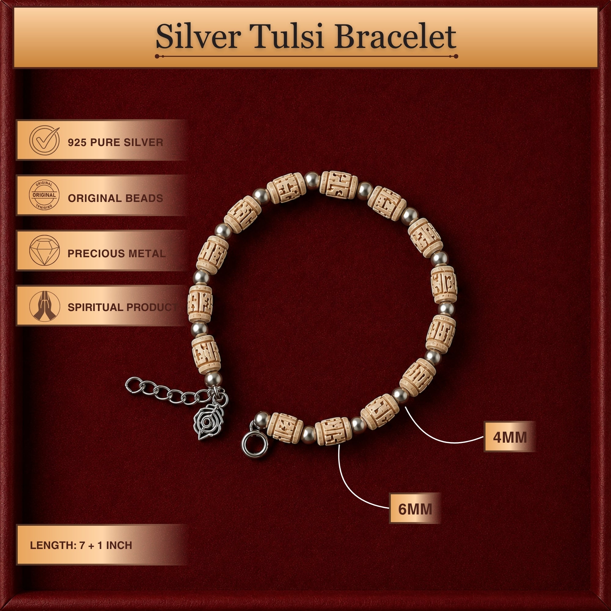 handcrafted silver and authentic Tulsi bead bracelet