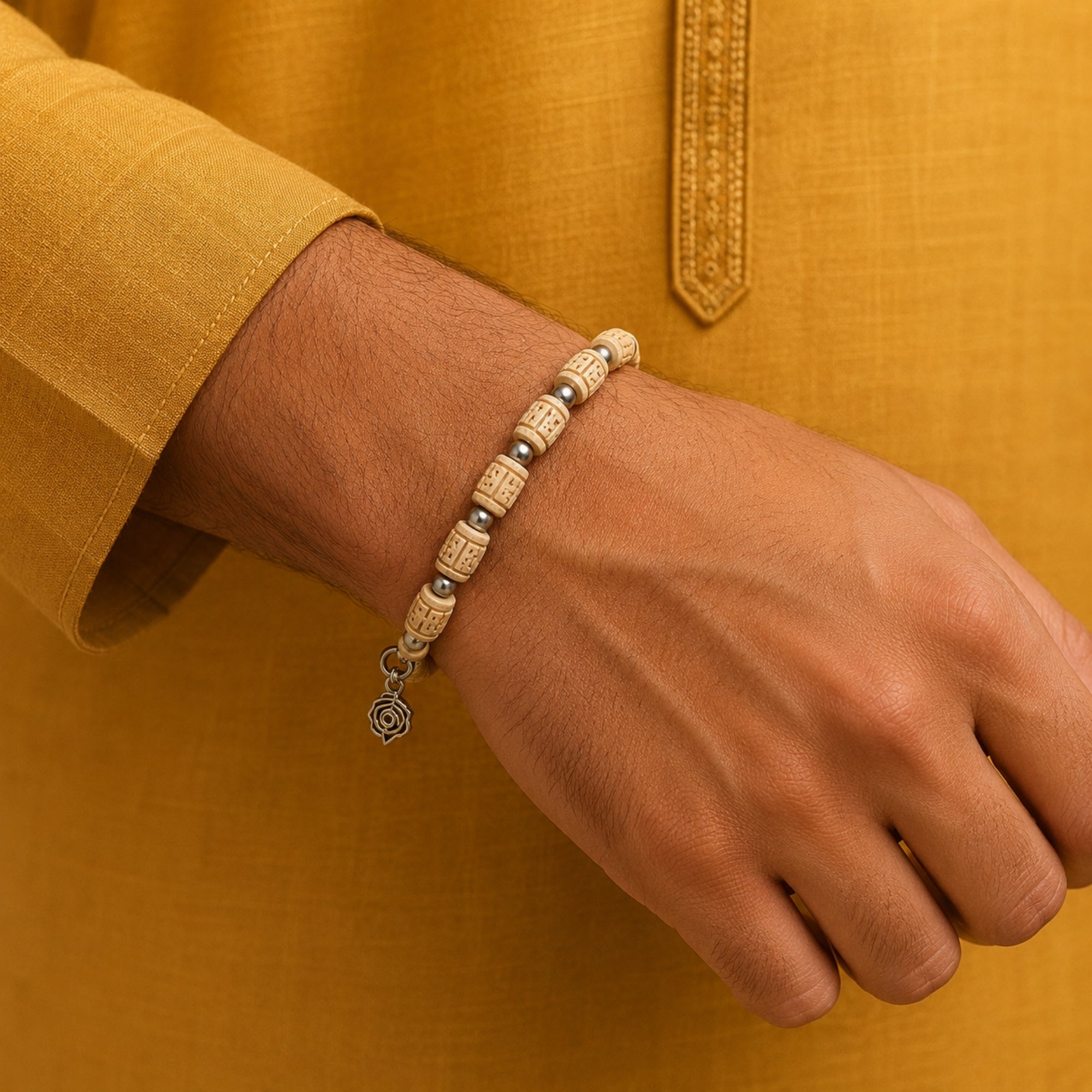  handcrafted silver bracelet, authentic Tulsi wood beads on wrist