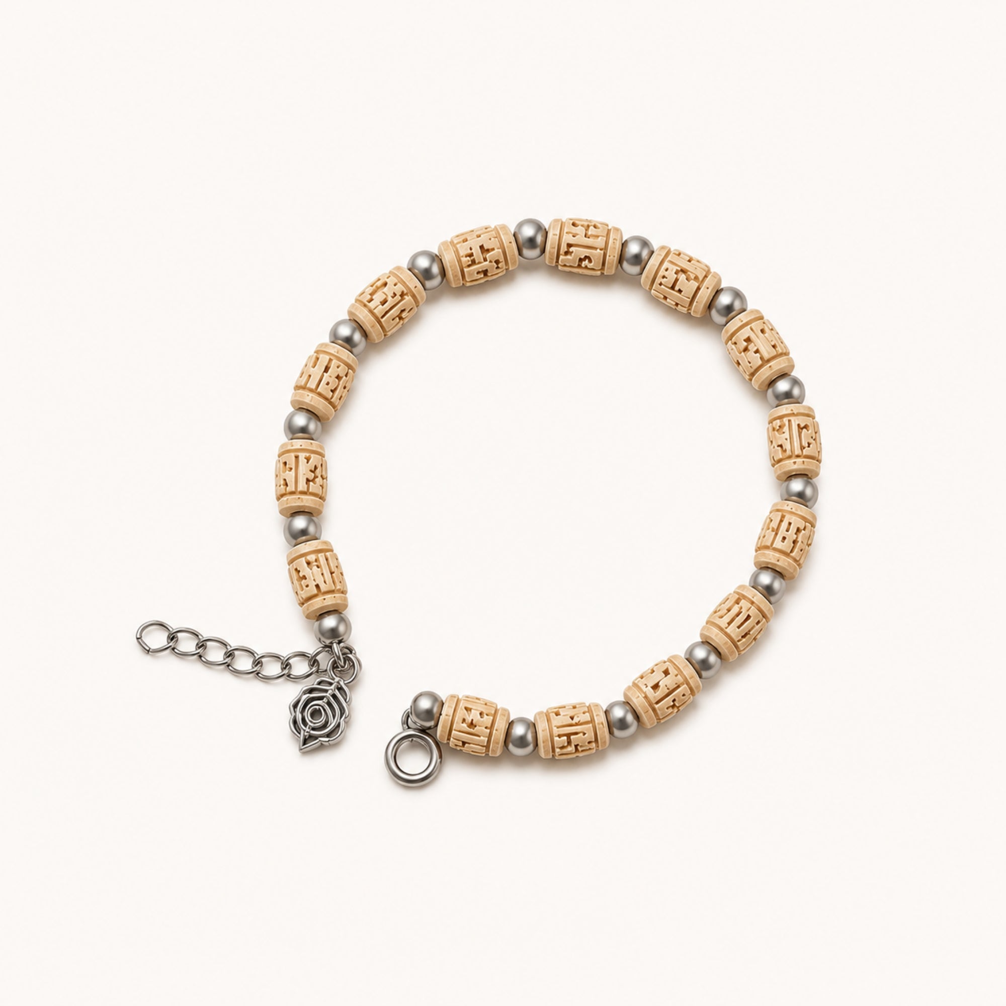 handcrafted silver bracelet featuring authentic Tulsi wood beads