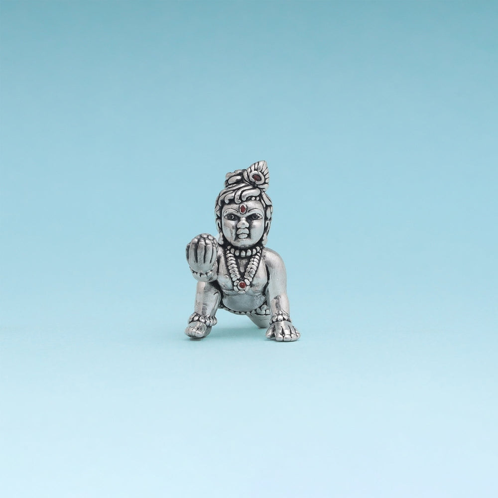 Front angle view of handcrafted premium sterling silver Laddu Gopal murti