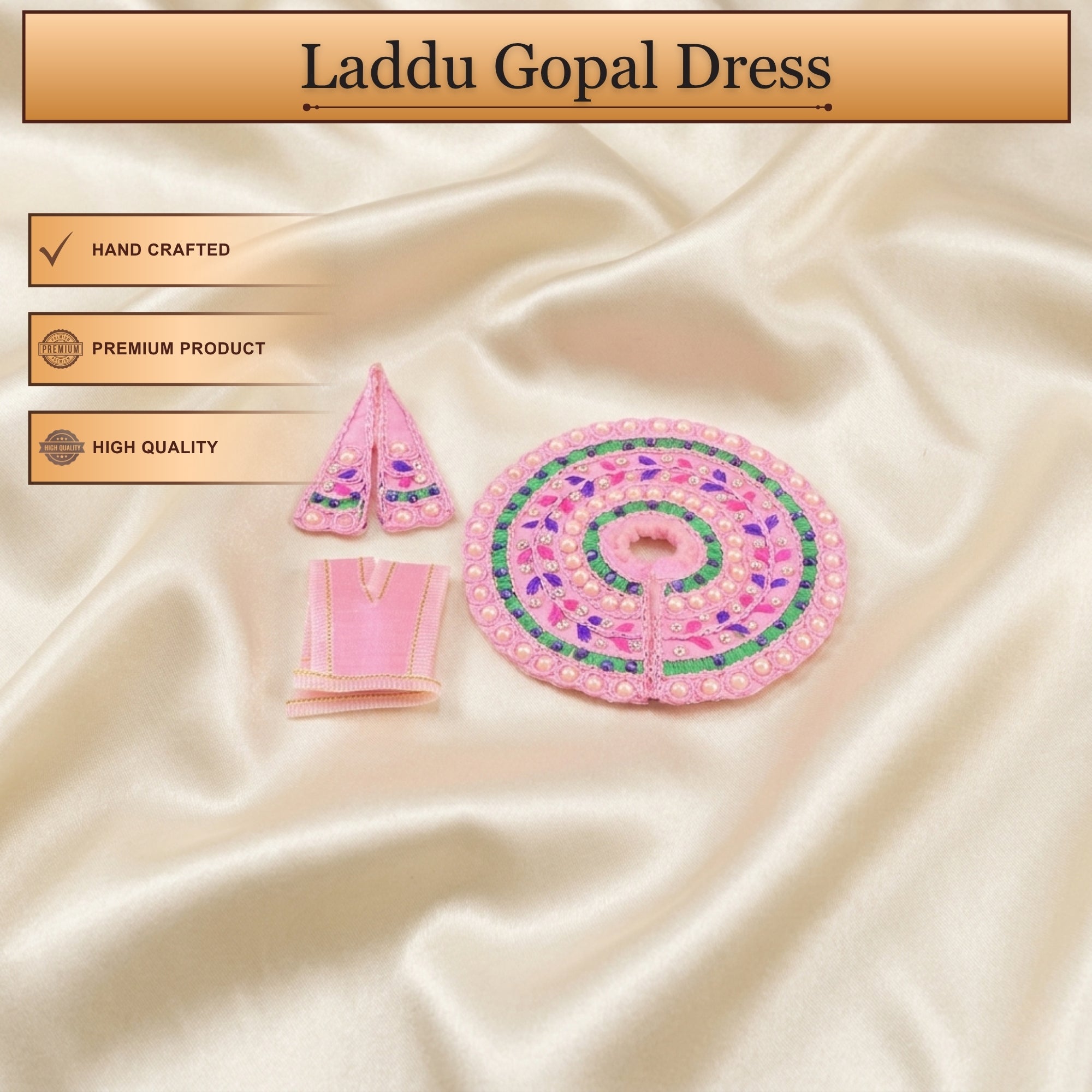 Handcrafted pink Laddu Gopal poshak with matching cap and Patka embroidery