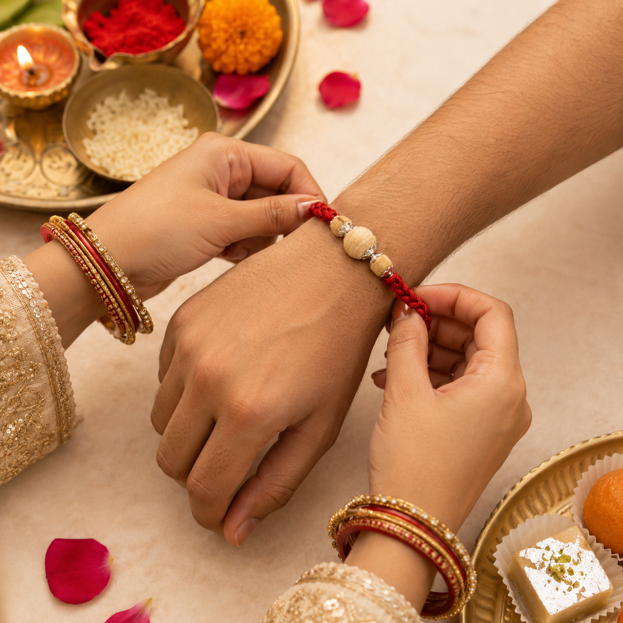 Hands tying handcrafted pure silver accent trio Tulsi wood rakhi bracelet on brother wrist for Raksha Bandhan