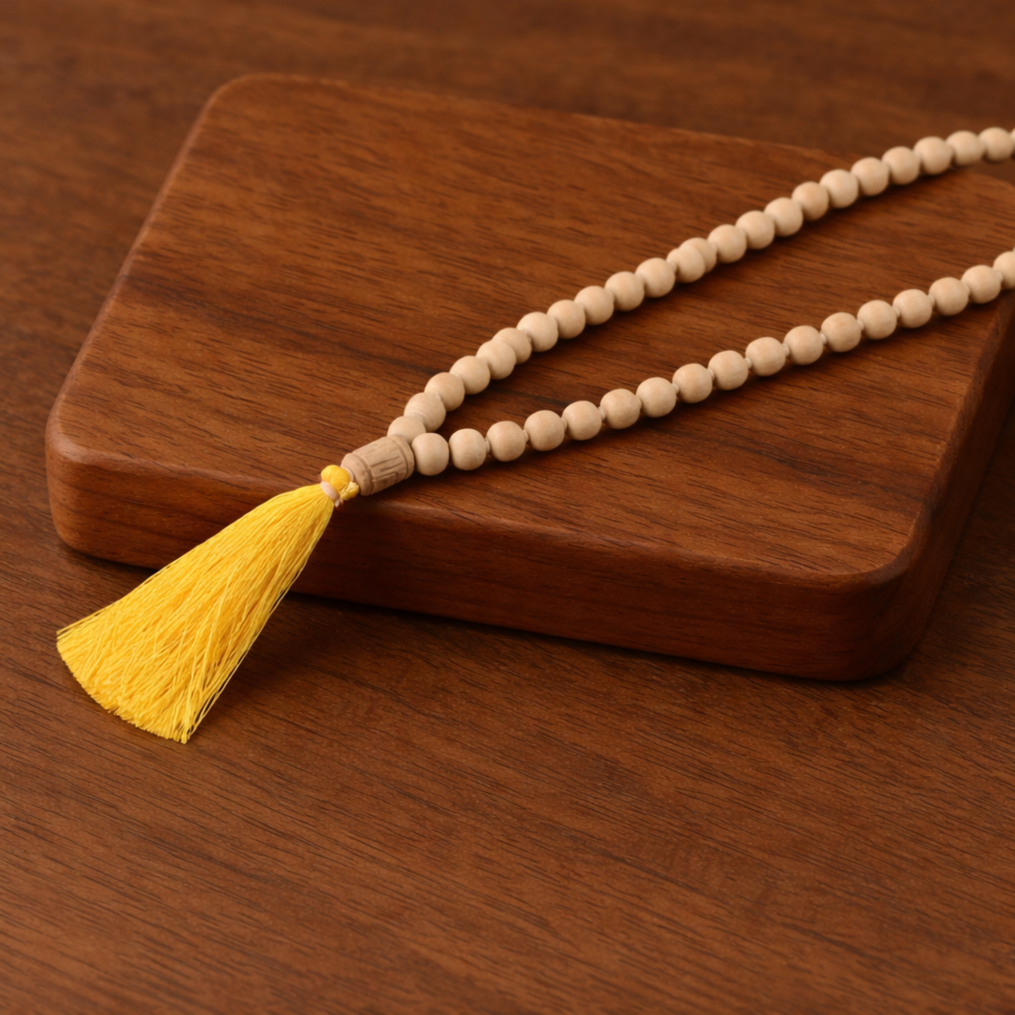 Handmade 108 bead Tulsi japa mala with a bright yellow tassel displayed on a wooden stand