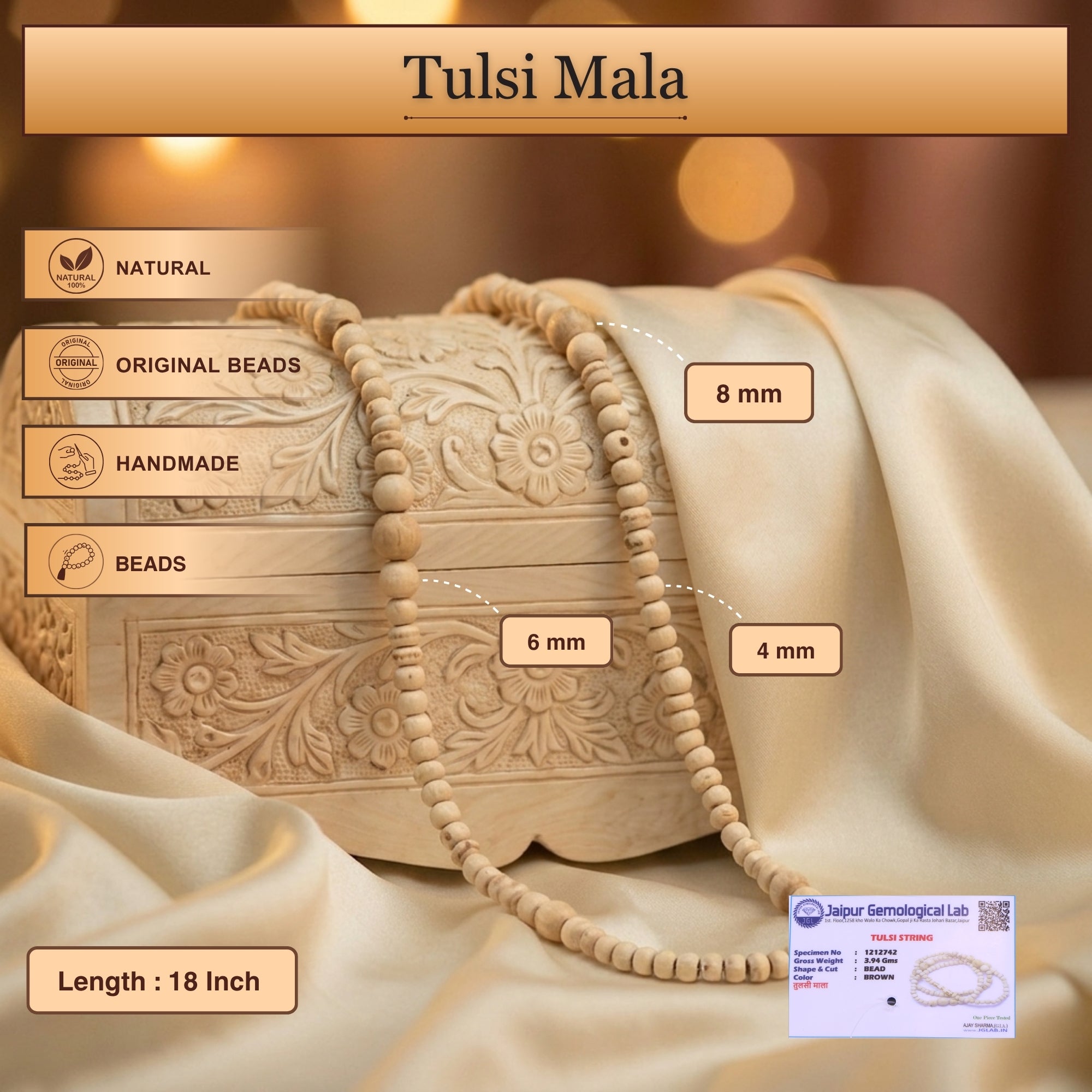 Size and detail information showing the oval shaped beads of the authentic Tulsi wood kanthi mala