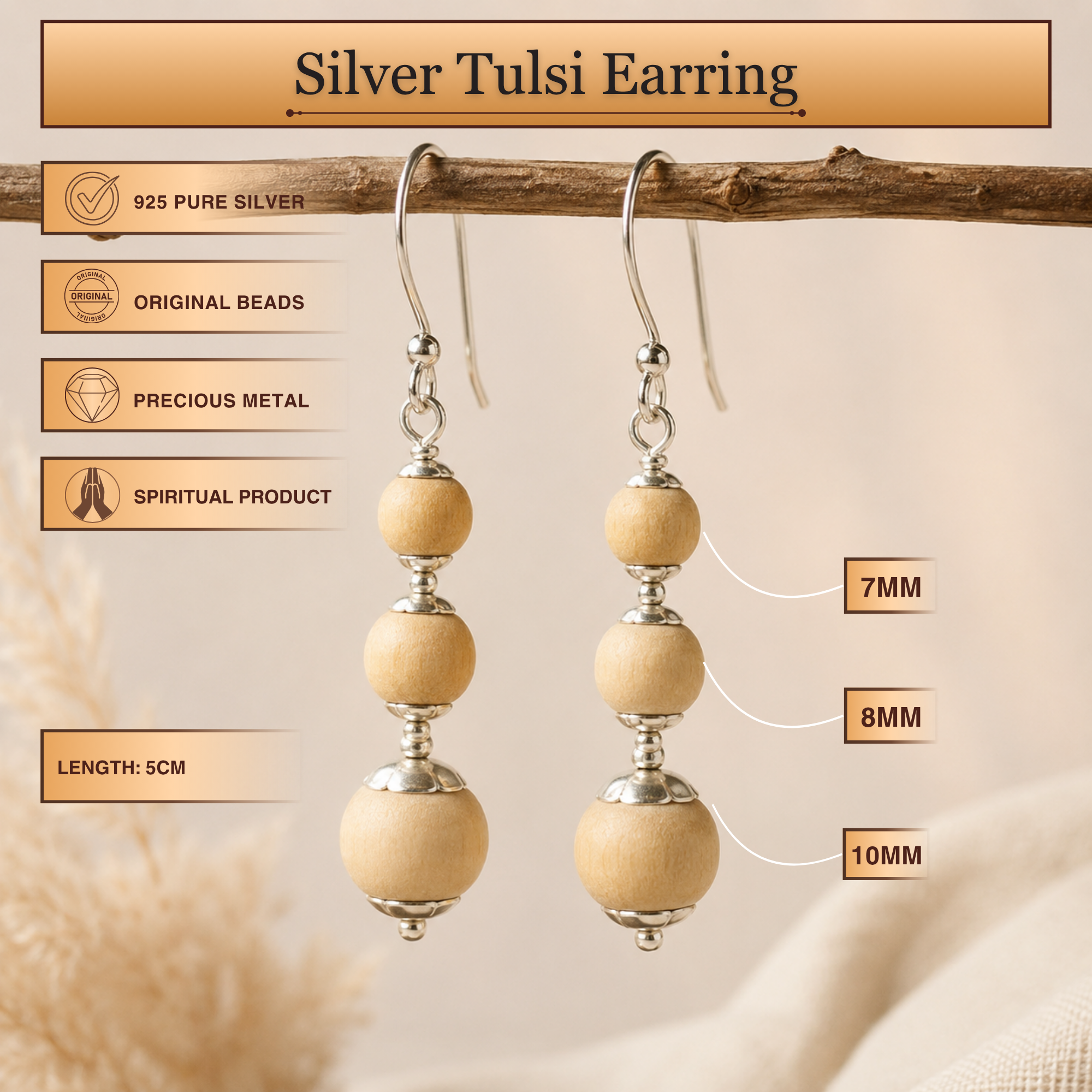 Length and bead size dimensions of the handmade pure silver and natural Tulsi bead earrings
