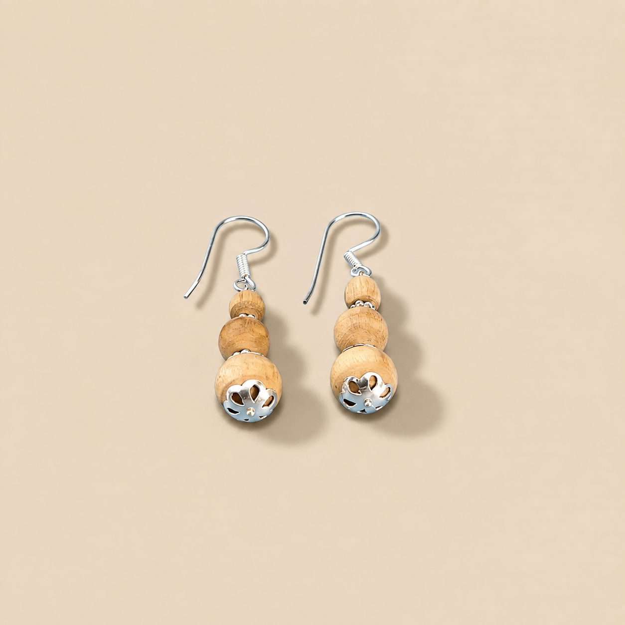 Handmade Tulsi bead earrings with natural Tulsi beads and pure silver-tone hook 