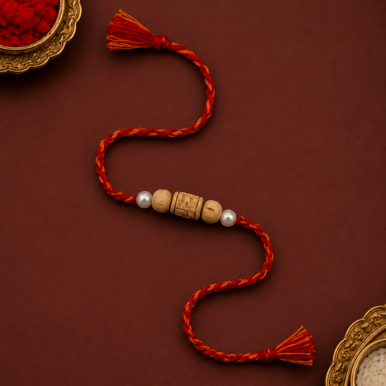Handmade Tulsi rakhi with pearl accents on a simple red thread