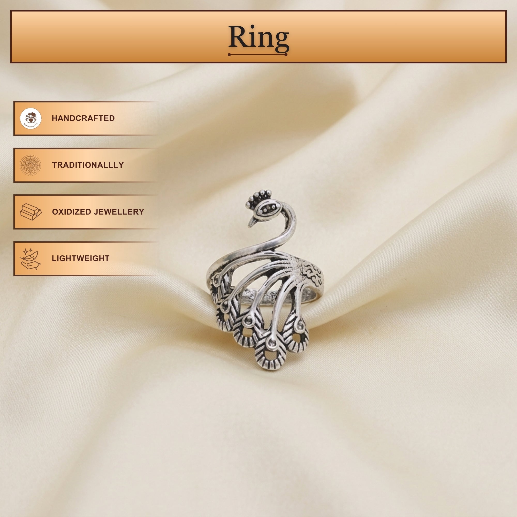 Handmade oxidized metal peacock ring layout showing features