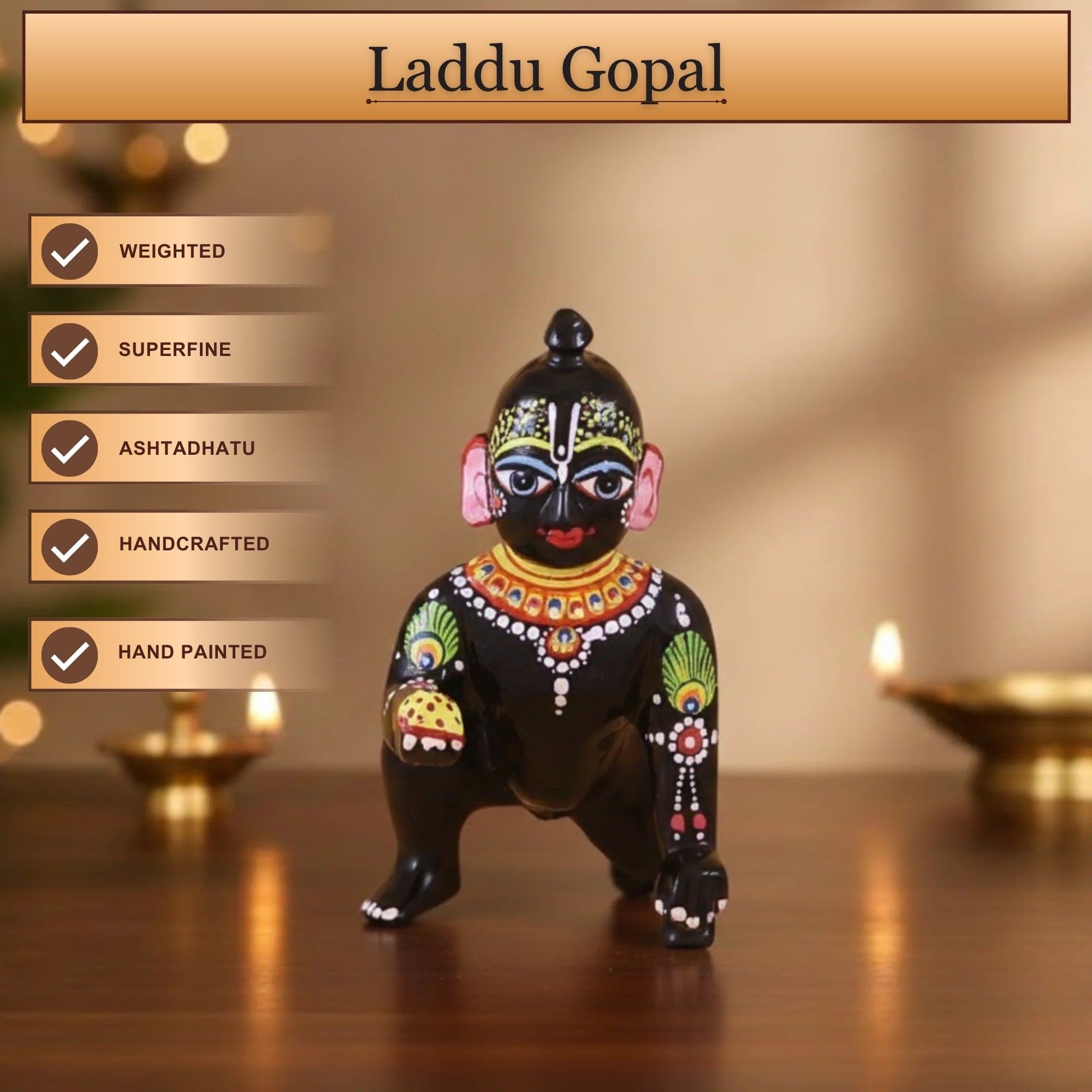 Front angle view of a heavy-weighted black brass Thakur Ji murti