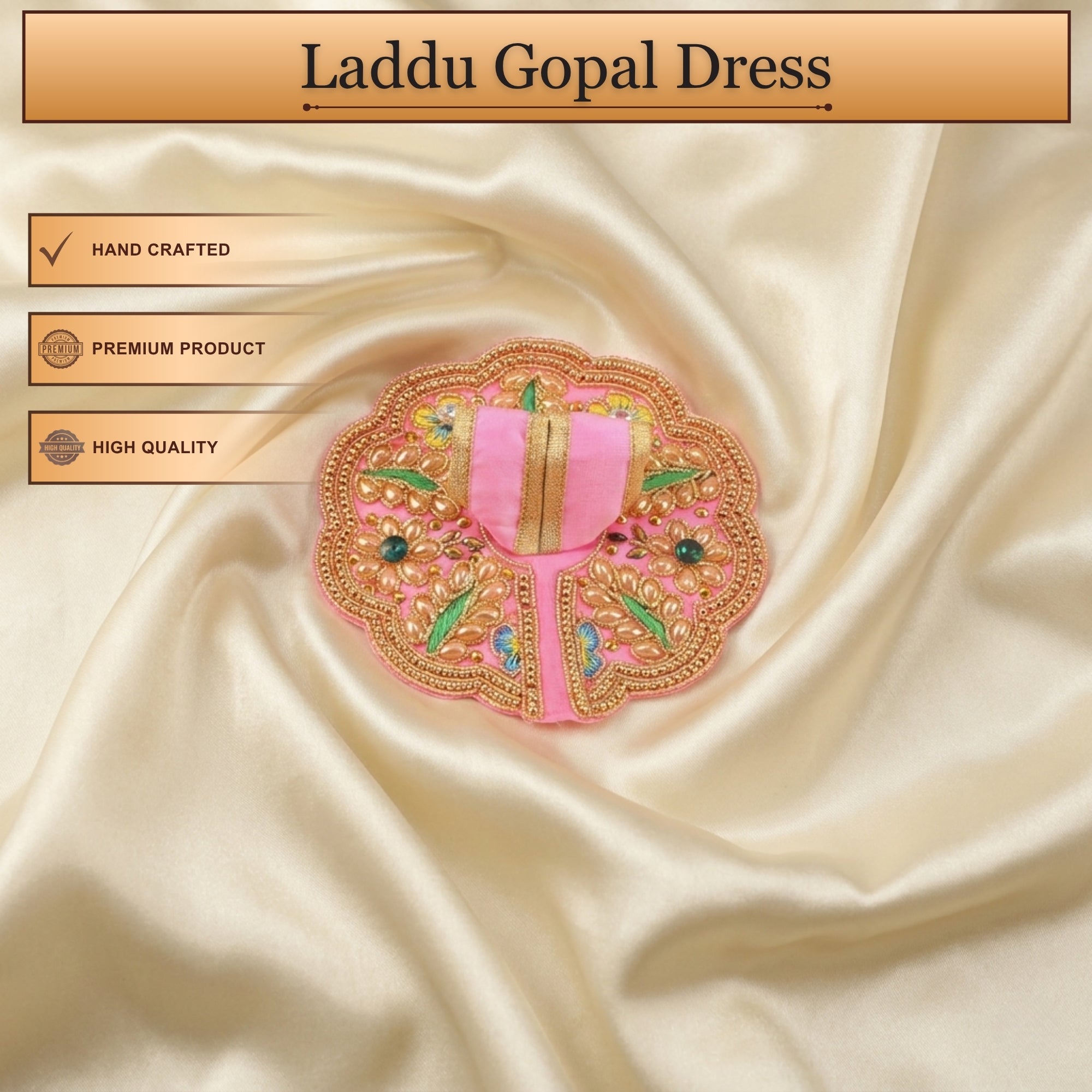 Handcrafted pink Laddu Gopal poshak with matching cap and peacock embroidery