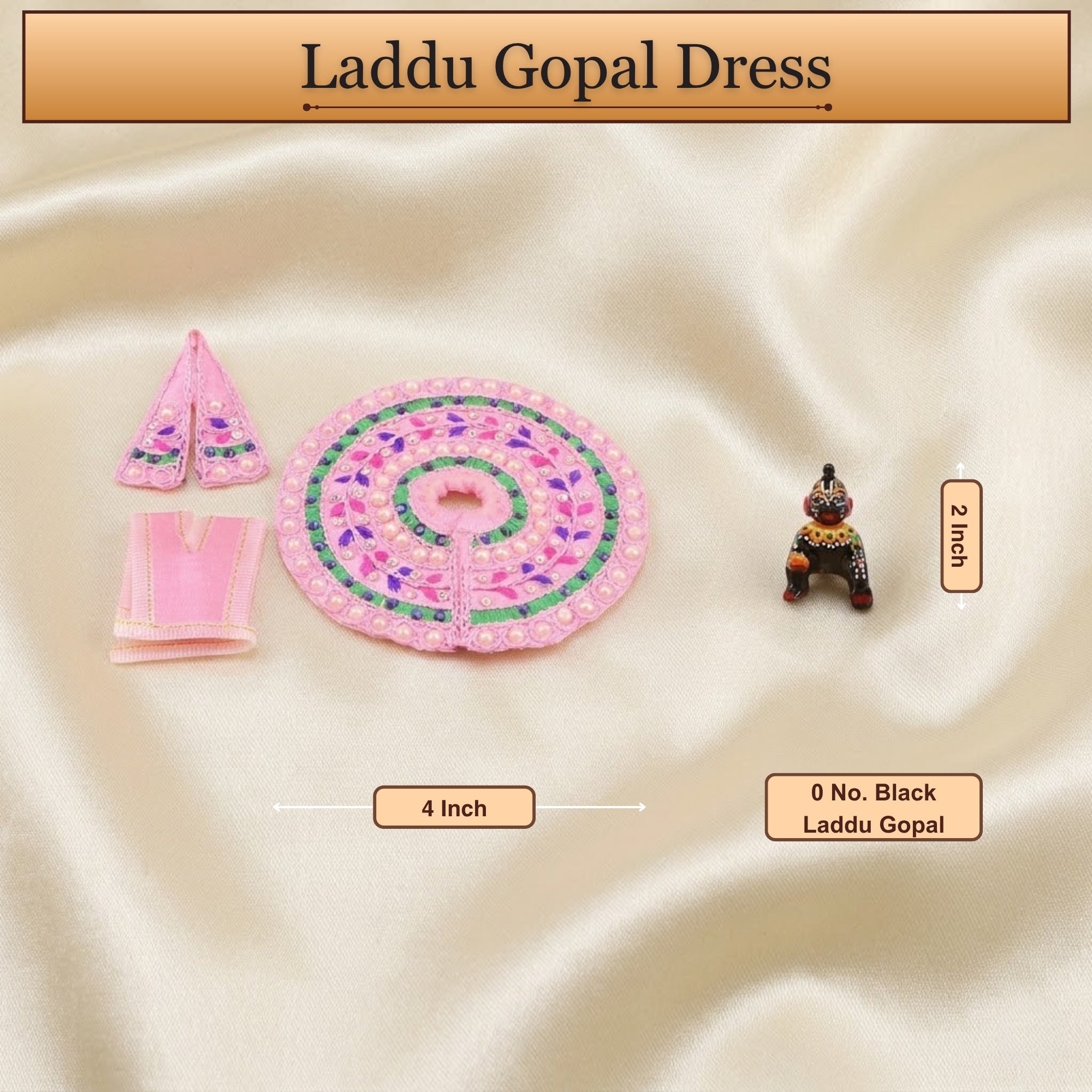 3 No. size reference display for the pink Laddu Gopal dress with Patka