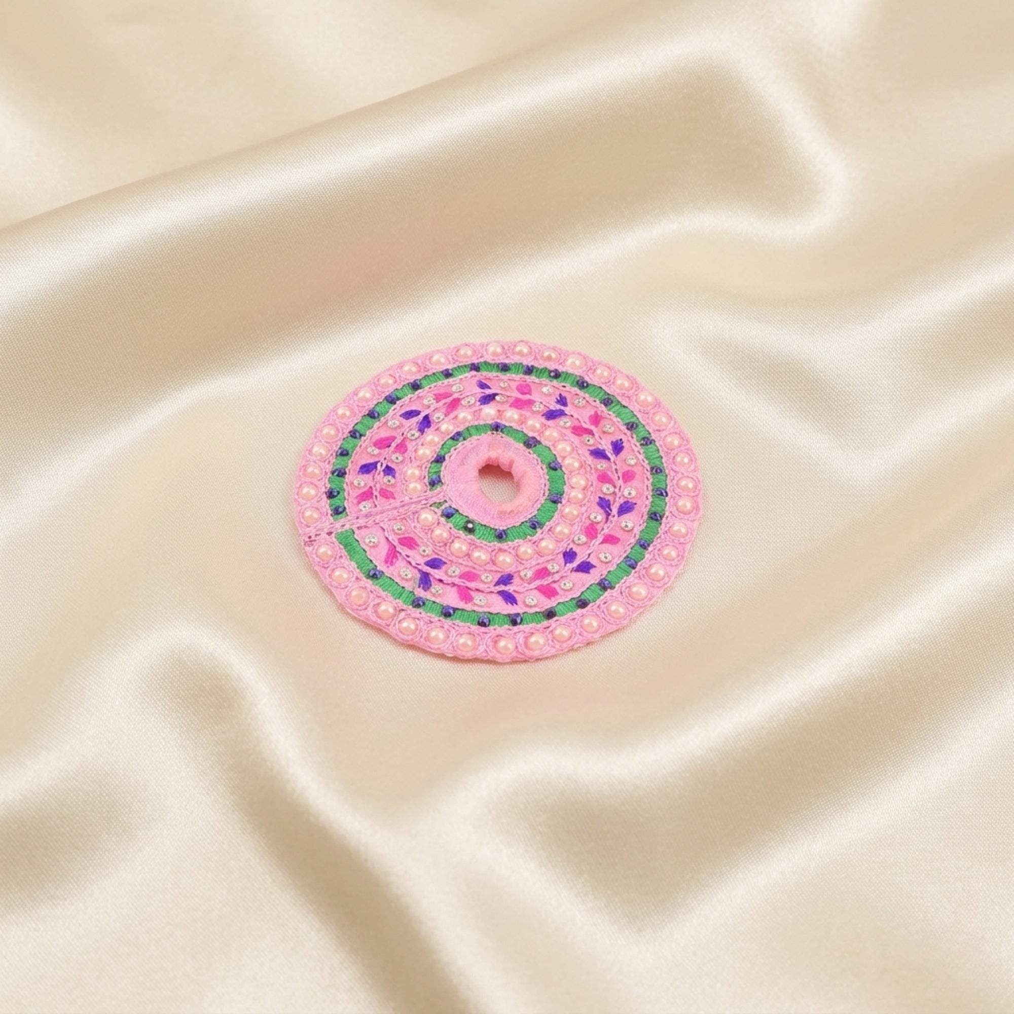 Laddu Gopal pink dress with Patka and thread work displayed flat