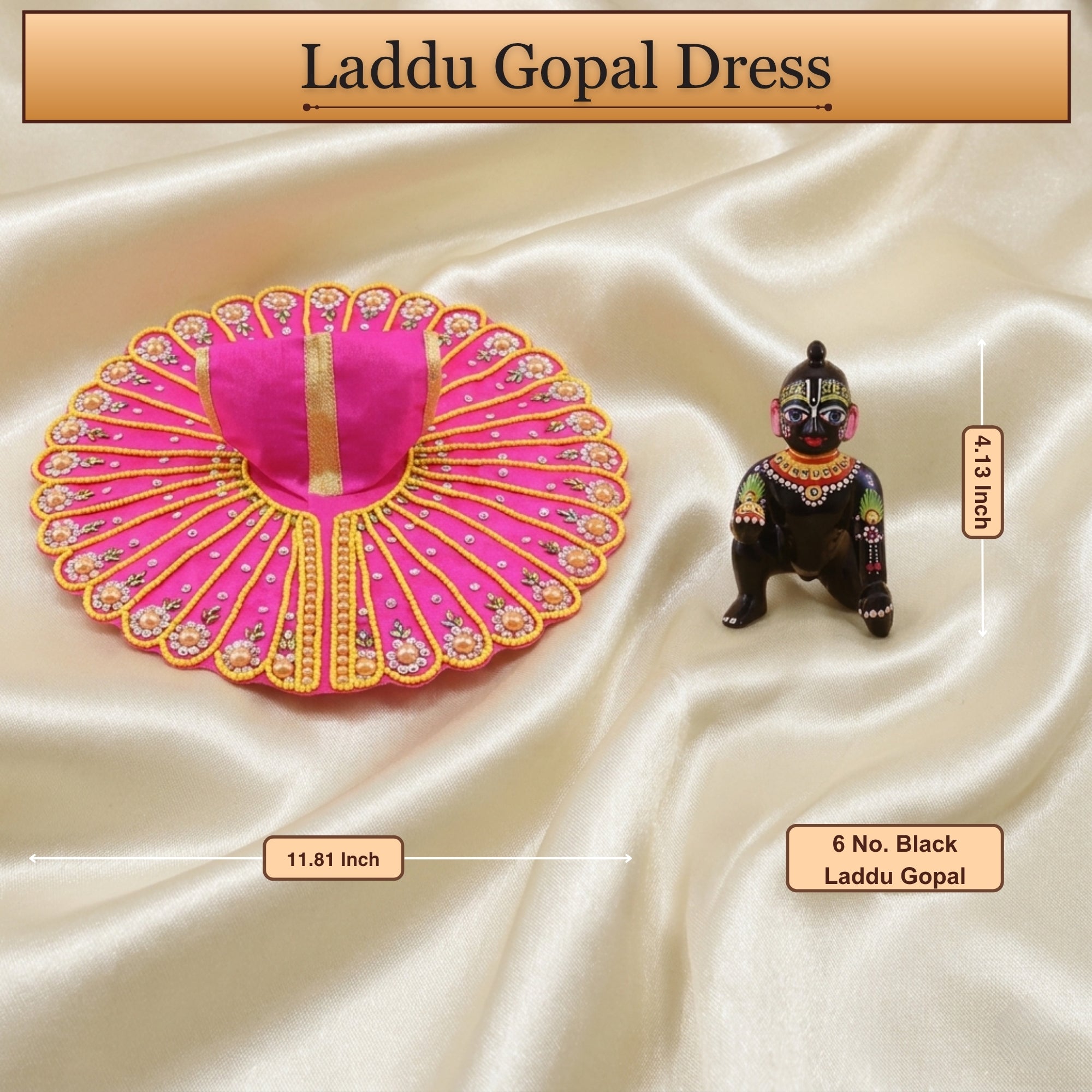 4 No. size reference display for the handcrafted pink kanha ji dress poshak