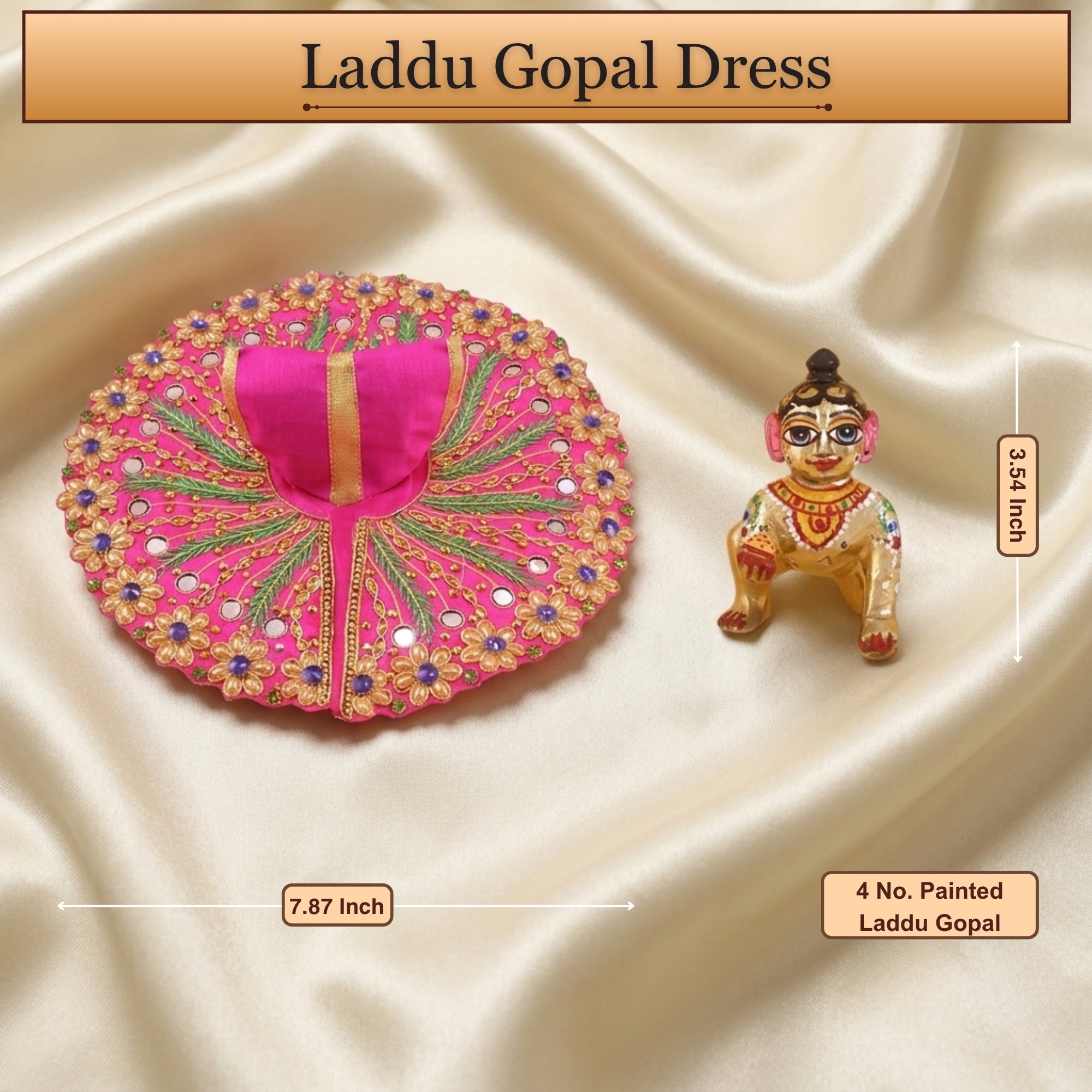 5 No. size reference display for the handcrafted pink kanha ji dress poshak