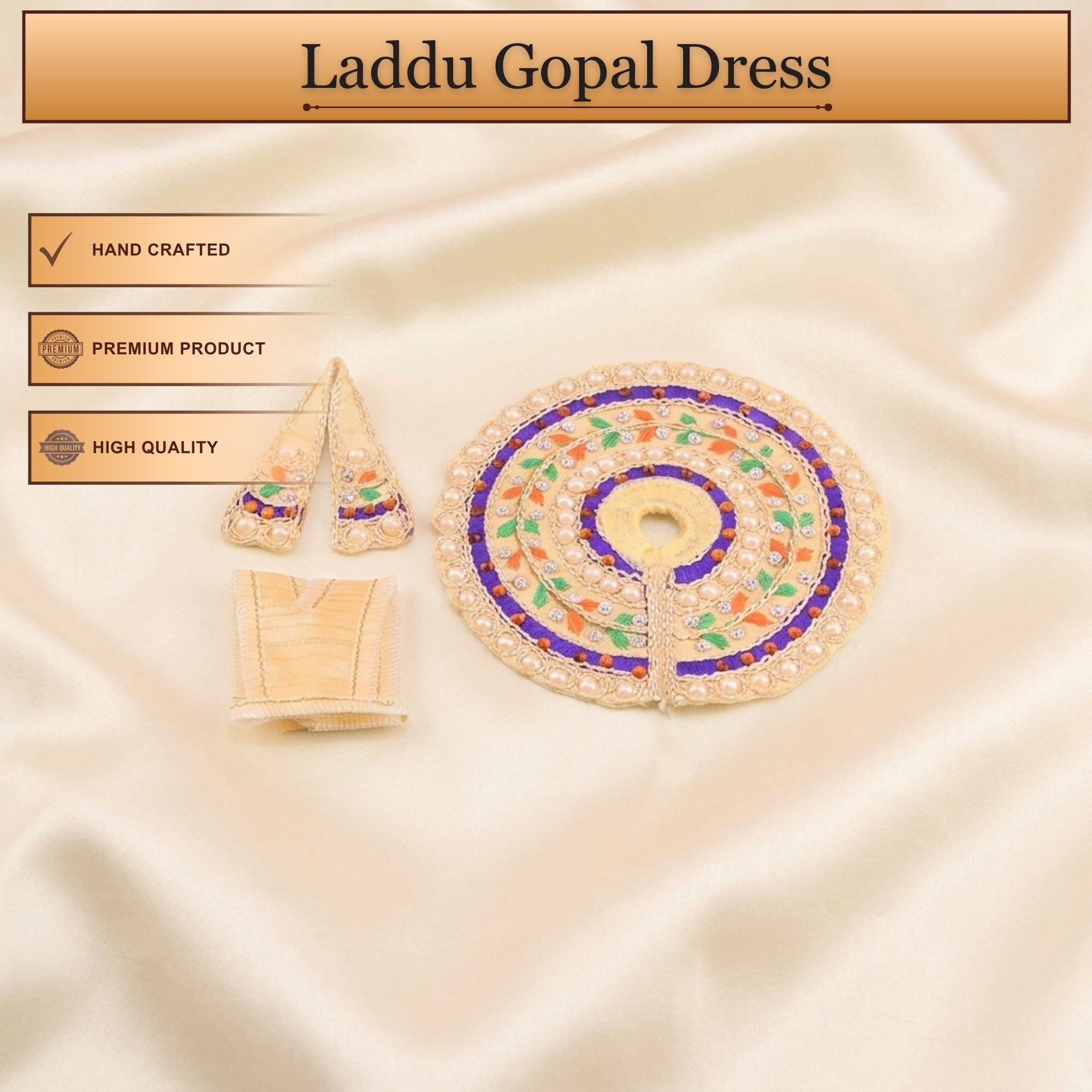 Handcrafted cream Laddu Gopal poshak with matching cap and Patka embroidery