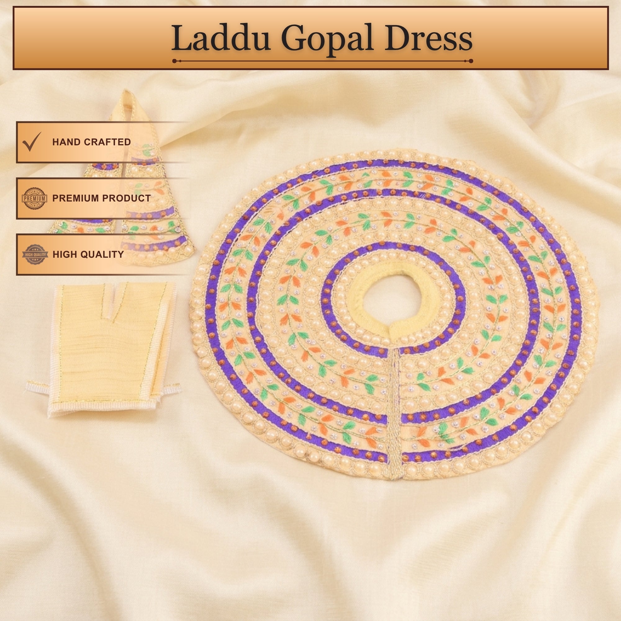 Handcrafted cream Laddu Gopal poshak with matching cap and colourful Patka embroidery